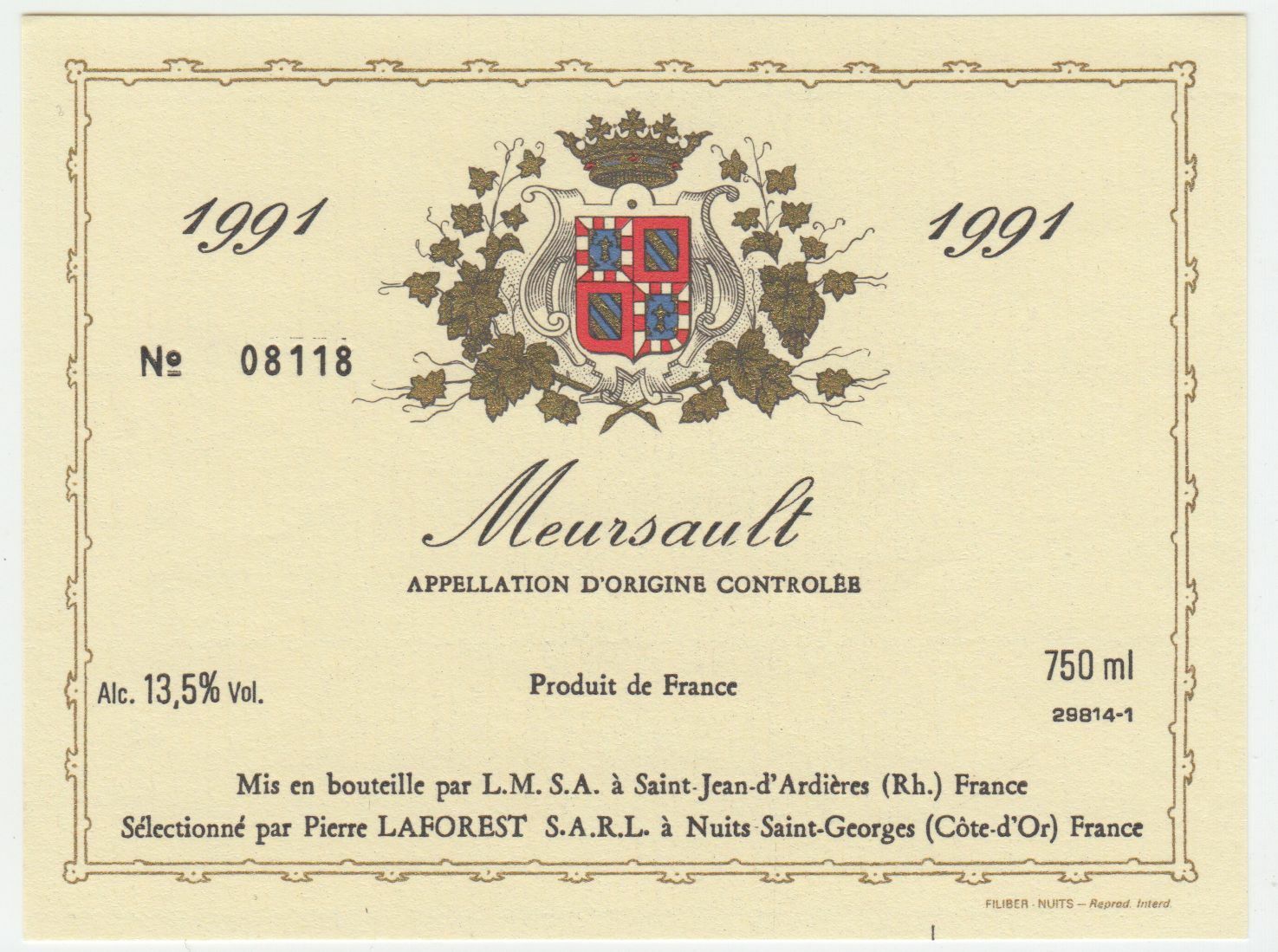 ETIQUETTE DE VIN MEURSAULT MEURSAULT 1991 124463377117