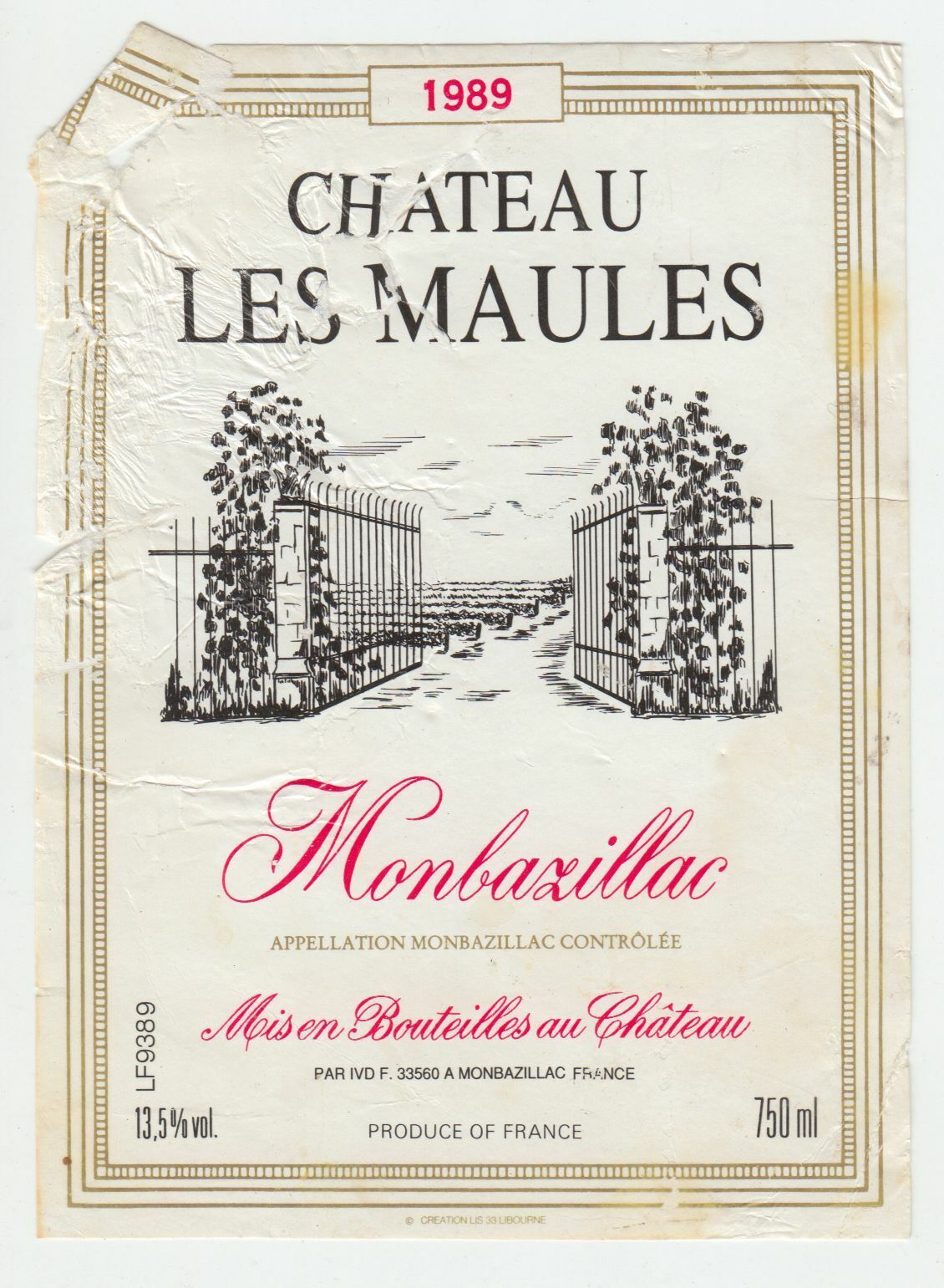 ETIQUETTE DE VIN MONBAZILLAC CHATEAU LES MAULES 1989 402654737177