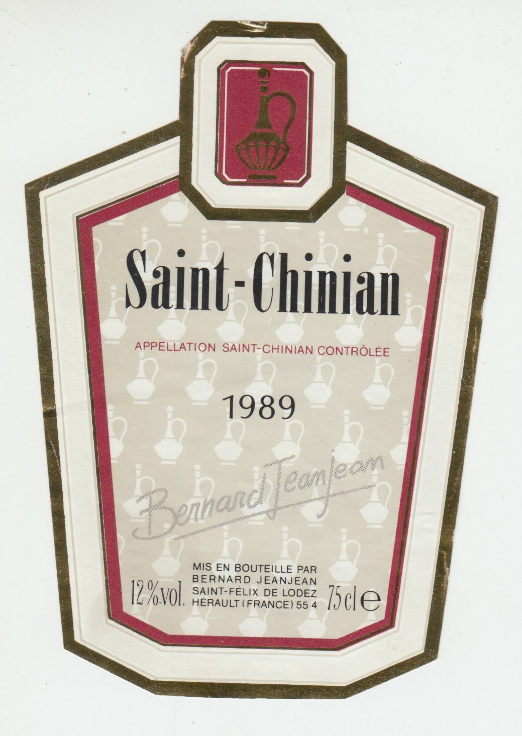 ETIQUETTE DE VIN SAINT CHINIAN 1989 BERNARD JEANJEAN 124539262547