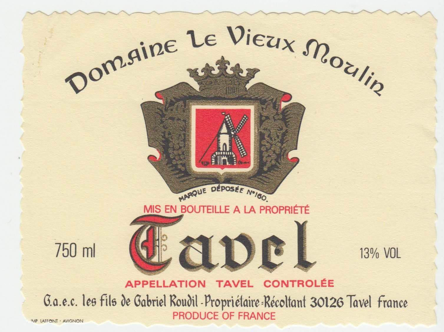 ETIQUETTE DE VIN TAVEL DOMAINE LE VIEUX MOULIN 124461948537