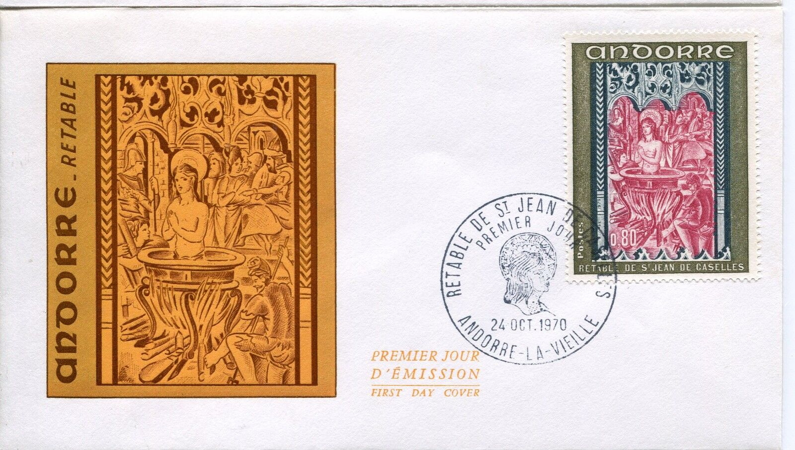 FDC PREMIER JOUR ANDORRE 1970 TIMBRE N 208 RETABLE CHAPELLE ST JEAN DE CASELLES 400790939257