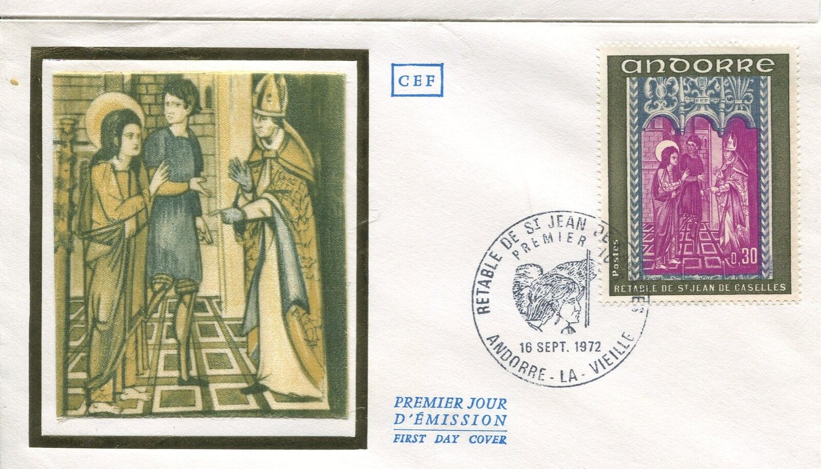 FDC PREMIER JOUR ANDORRE 1972 TIMBRE N 221 RETABLE CHAPELLE SAINT JEAN CASELLES 121463358437