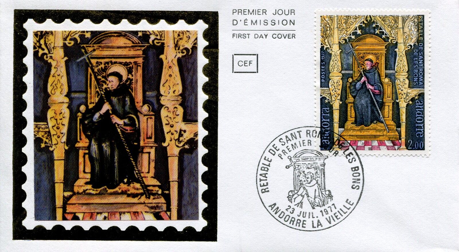 FDC PREMIER JOUR ANDORRE 1977 TIMBRE N 264 RETABLE DE SANT ROMA DE LES BONS 121462949517