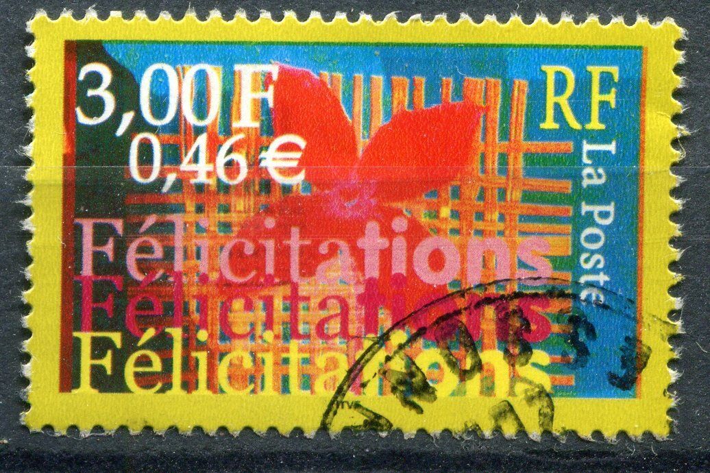 FRANCE TIMBRE OBL N 3308 COMPOSITION AVEC FELICITATIONS FLEUR STYLISEE 120966850917