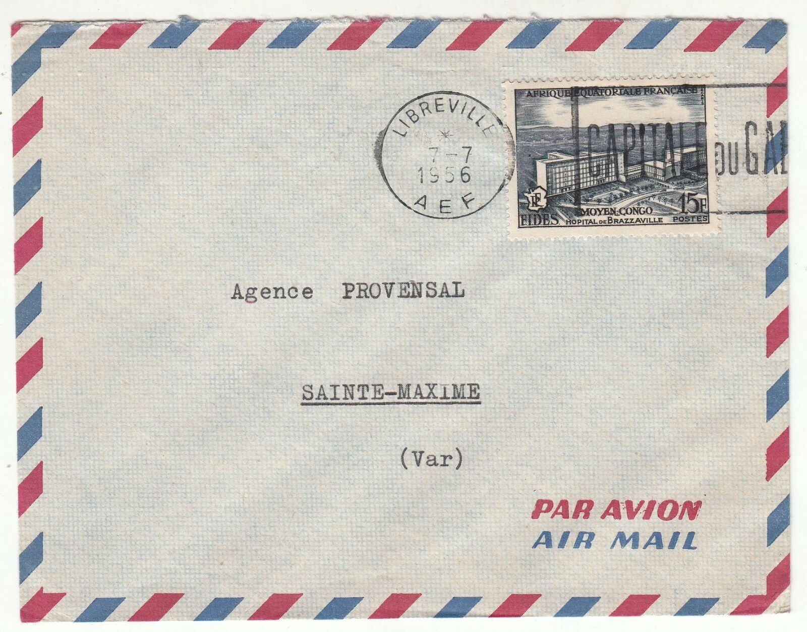 LETTRE AEF AGENCE PROVENSAL LIBREVILLE GABON ST MAXIME 1956 PAR AVION FLAMME 401756776017