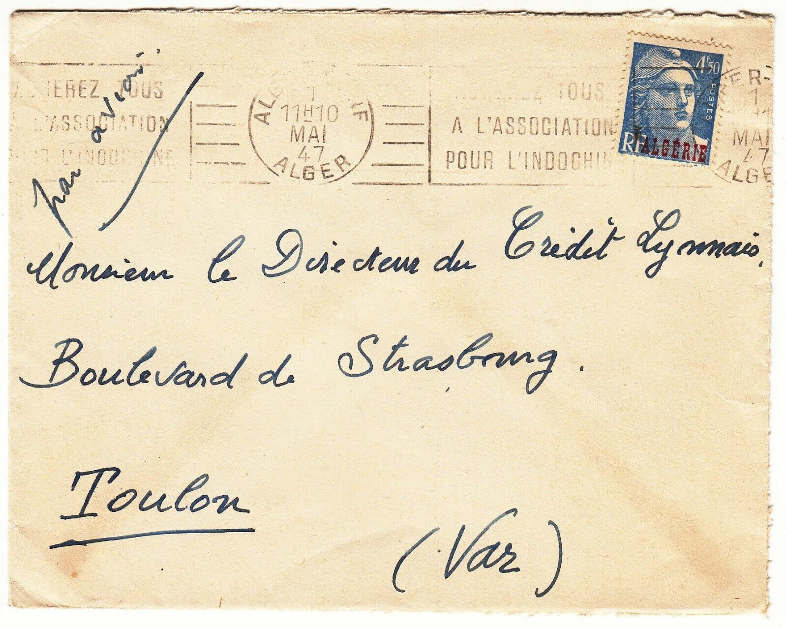 LETTRE ALGERIE FLAMME ASSOCIATION INDOCHINE TOULON CREDIT LYONNAIS 1947 401753061777