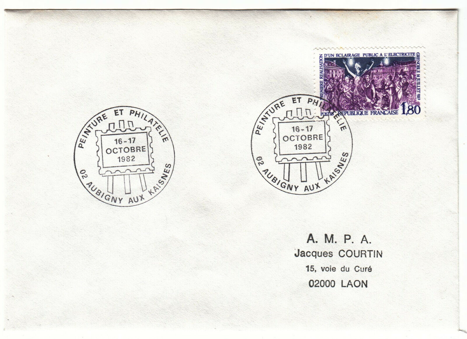 LETTRE AUBIGNY AUX KAISNES POUR LAON 1982 CACHET PEINTURE ET PHILATELIE 402072946677