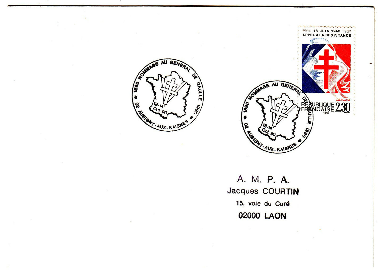 LETTRE AUBIGNY AUX KAISNES POUR LAON 1990 CACHET HOMMAGE AU GENERALE DE GAULLE 124074123187