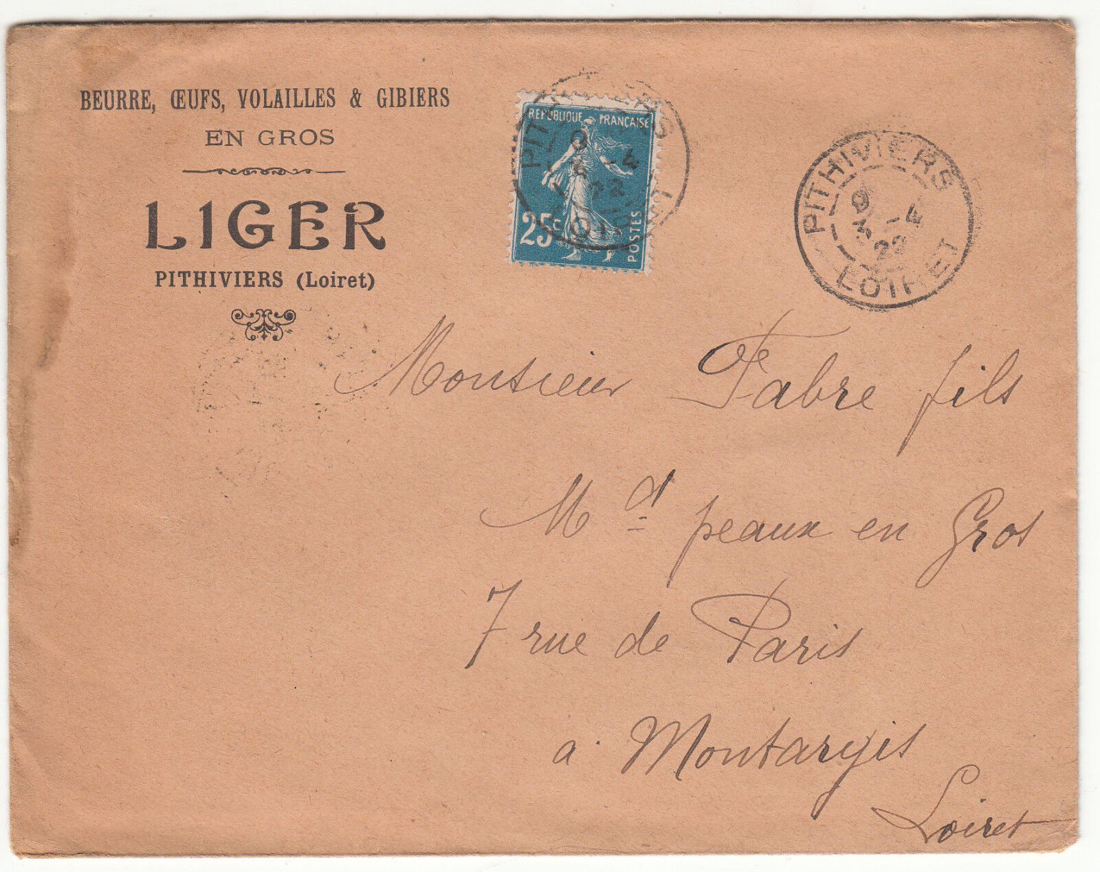 LETTRE BEURRE OEUF VOLLAILLE GIBIER LIGER PITHIVIERS MONTARGIS 1922 LETTRE 122869642687