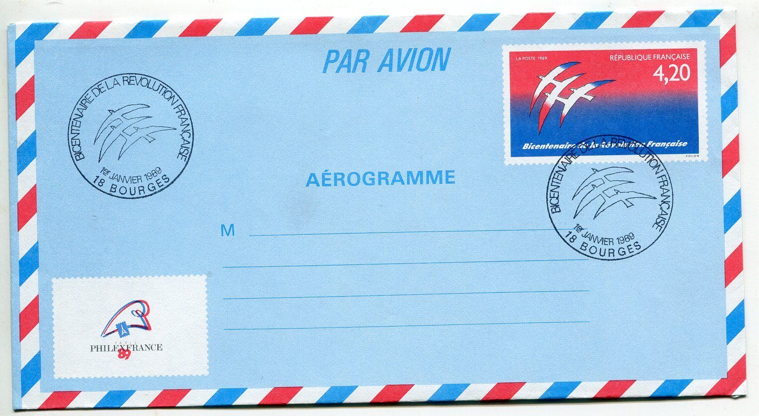 LETTRE BOURGES AEROGRAMME PREMIER JOUR BICENTENAIRE REVOLUTION 400566824747