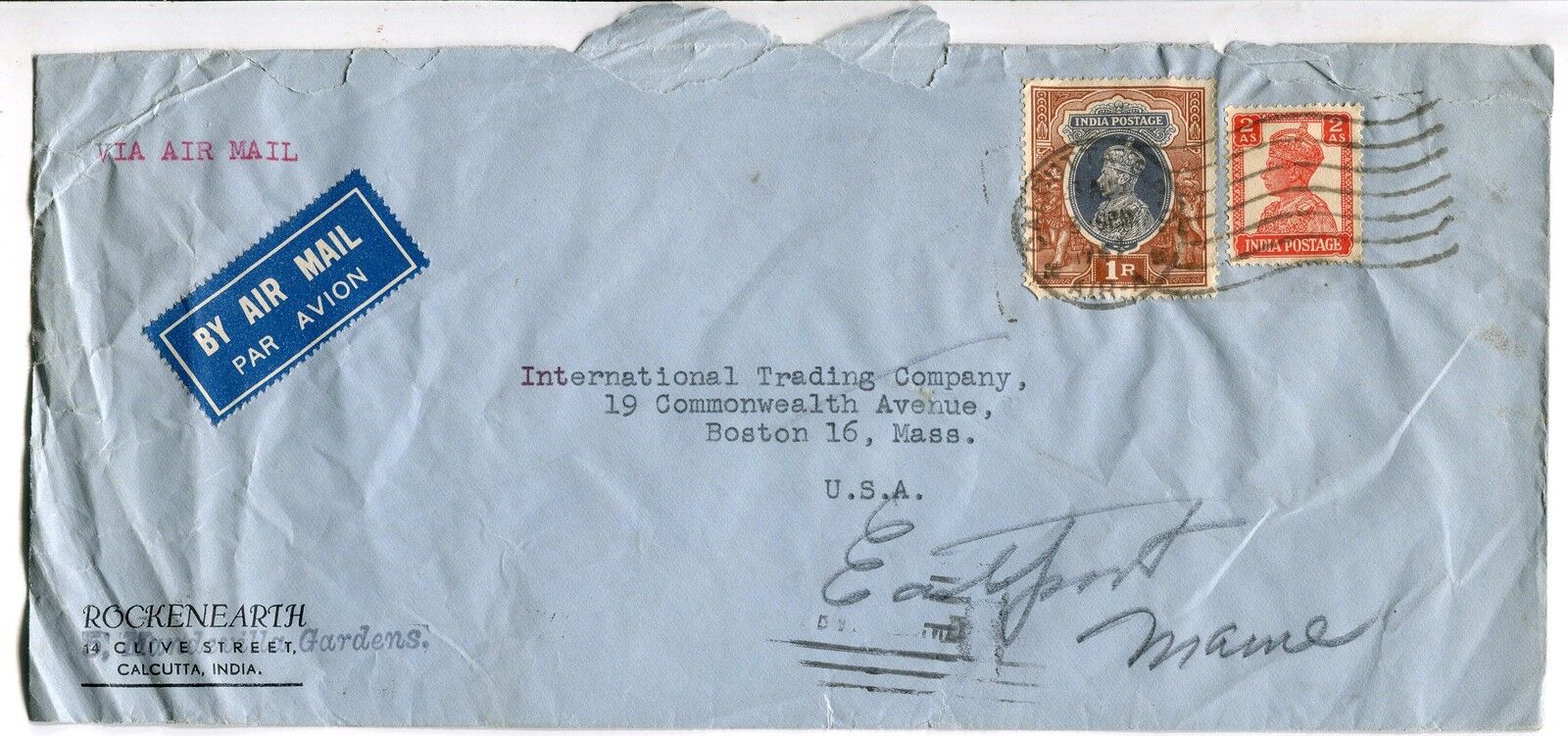 LETTRE CALCUTTA INDE POUR BOSTON USA PAR AVION CAHET TIMBRE FLAMME 400678766007