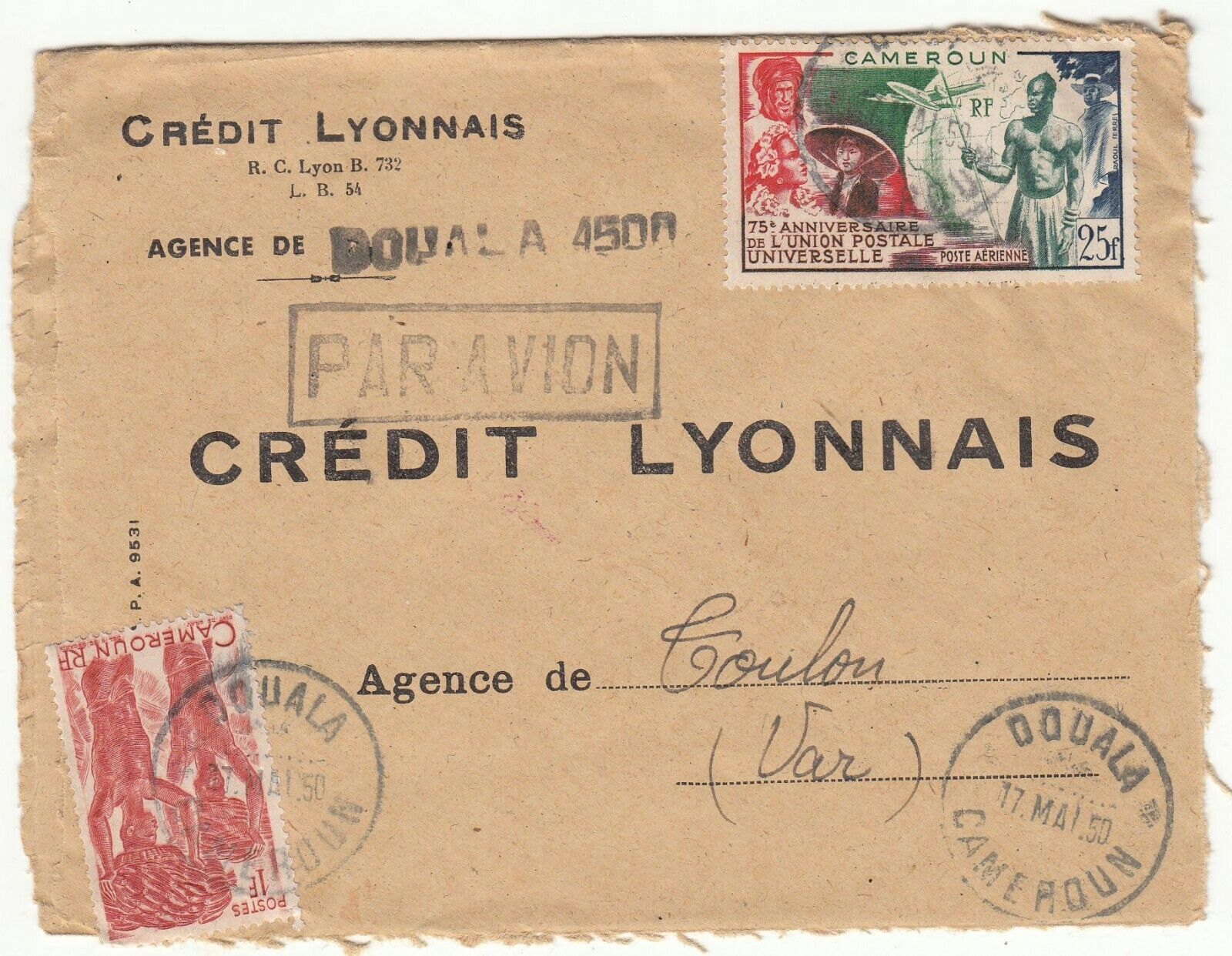 LETTRE CAMEROUN AGENCE DE DOUALA POUR TOULON 1950 CREDIT LYONNAIS PAR AVION 123743726767