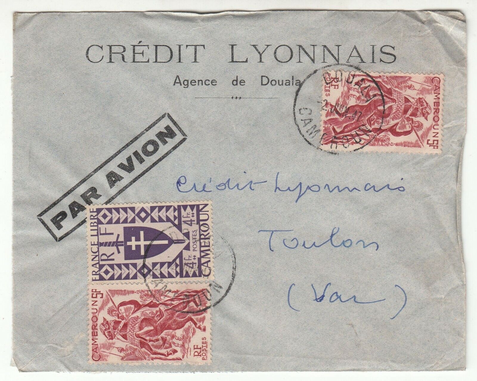 LETTRE CAMEROUN DOUALA TOULON CREDIT LYONNAIS 1947 PAR AVION 123775764177