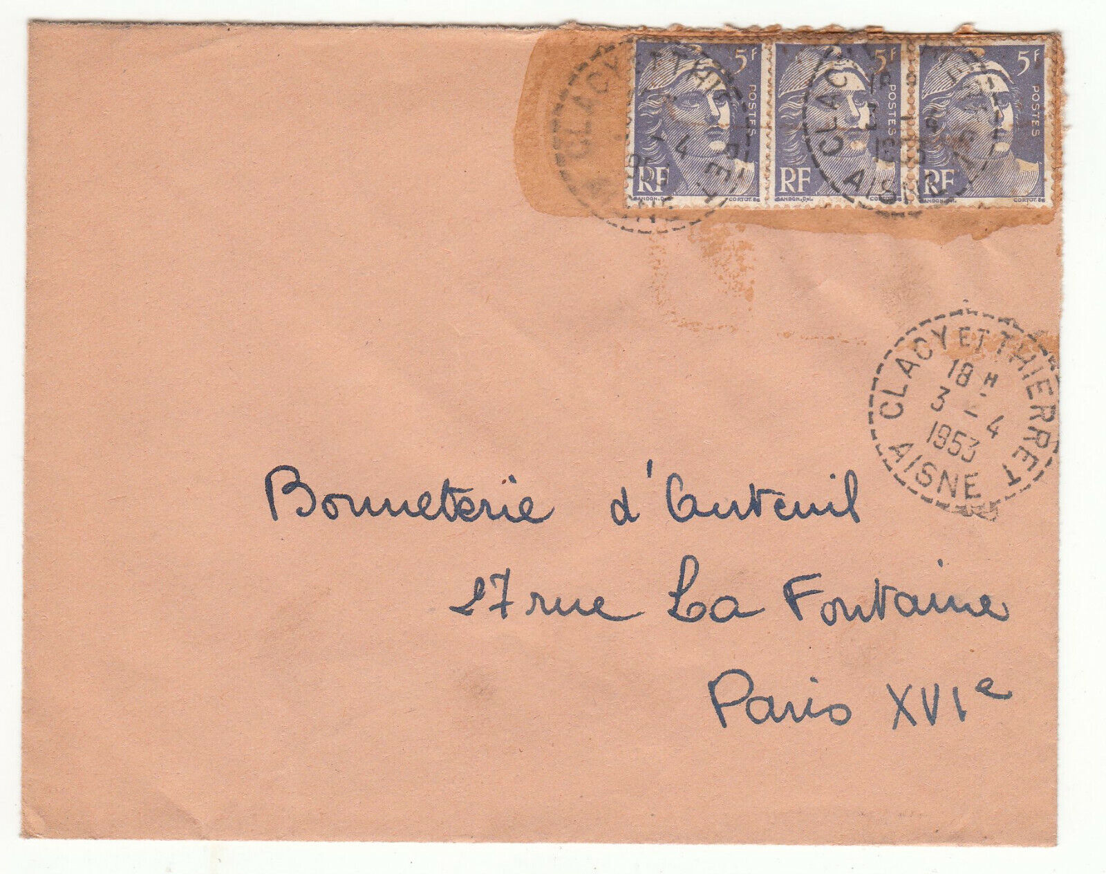 LETTRE CLACY ET THIERRET POUR PARIS GANDON CACHET PERLE 1953 401826446927