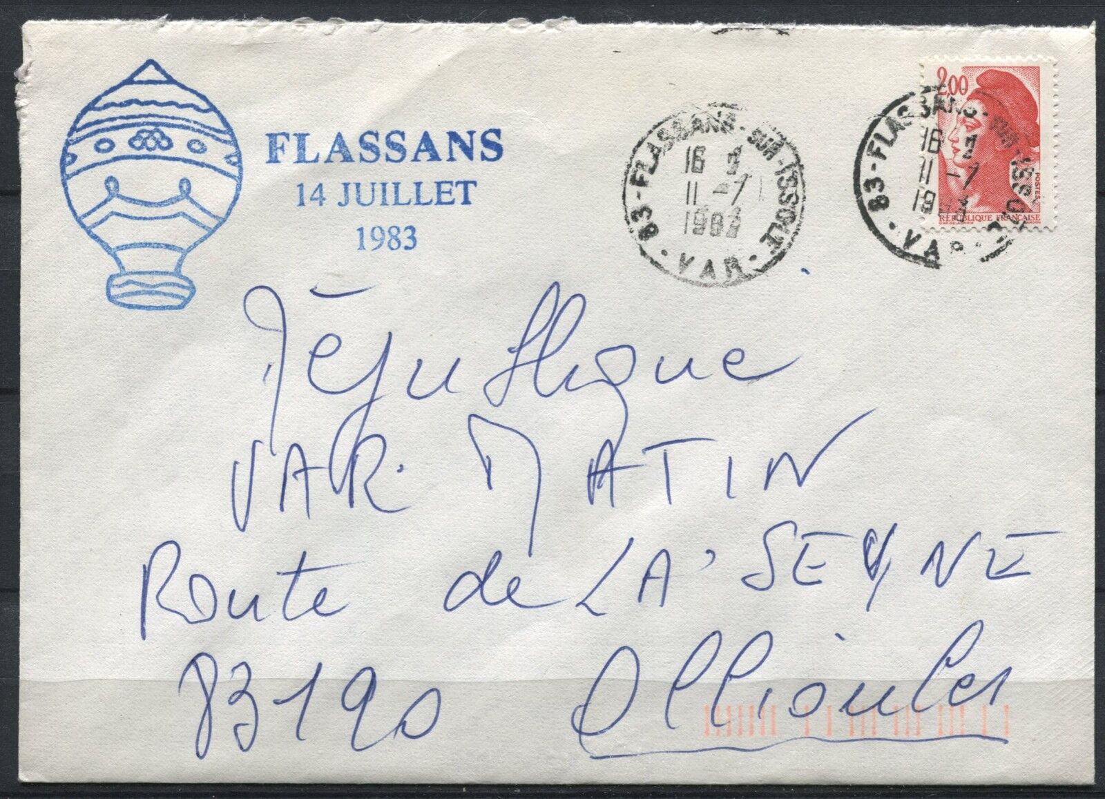 LETTRE FLASSANS SUR ISSOLE POUR OLLIOULES 1983 LIBERTE DE GANDON 110936509937