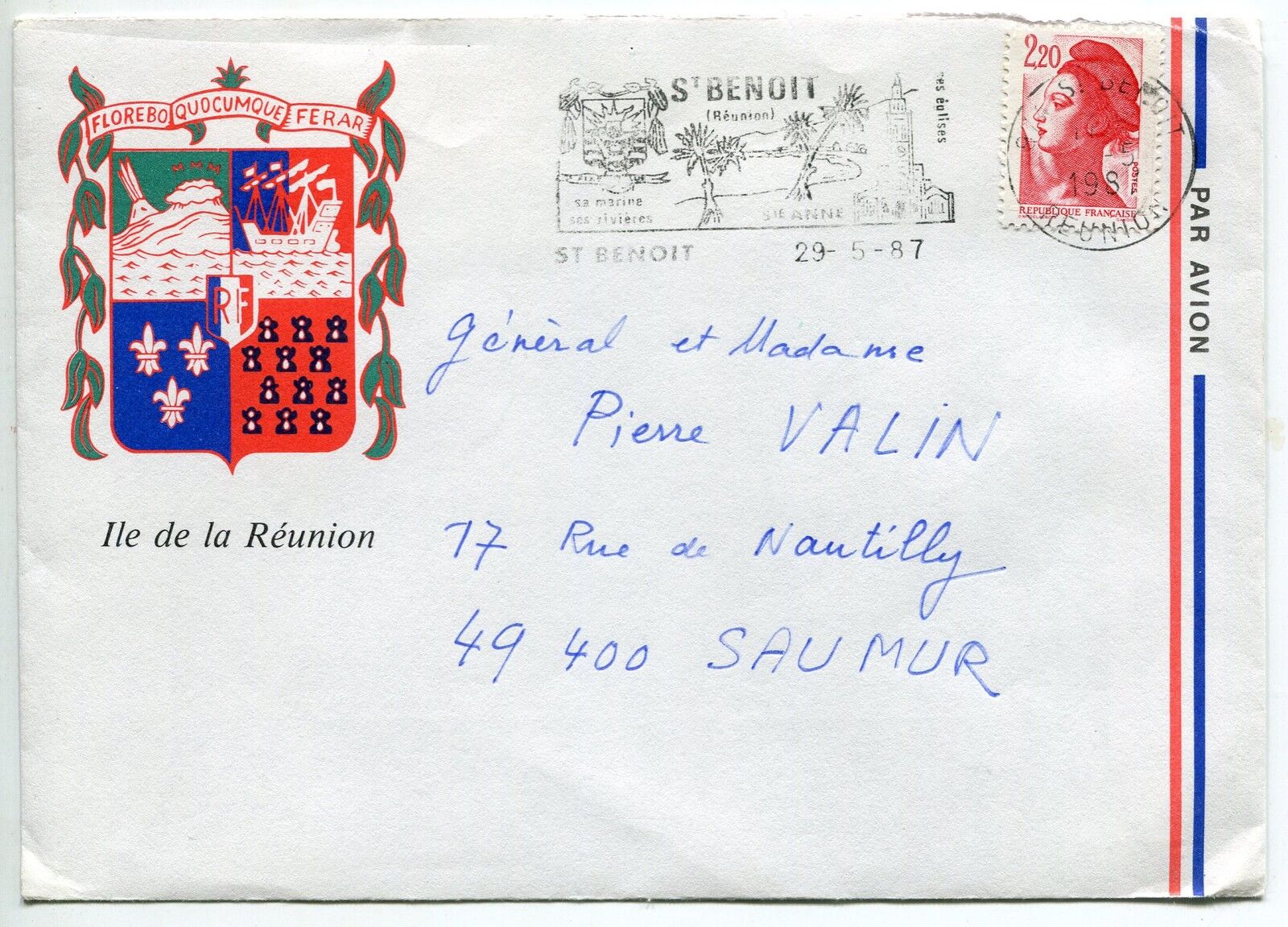 LETTRE ILE DE REUNION POUR SAUMUR 1987 GENERAL VALIN