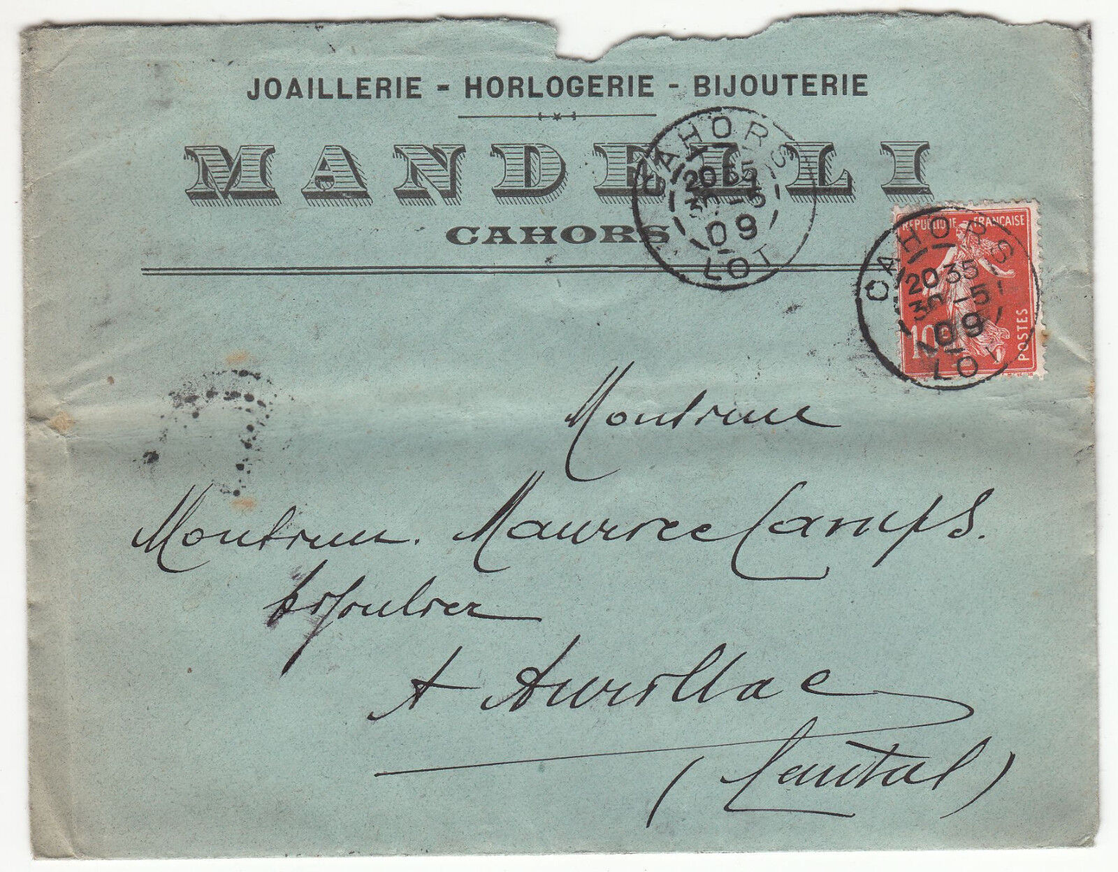 LETTRE JOAILLERIE HORLOGERIE MANDELLI CAHORS AURILLAC 1909 LETTRE 401462842467