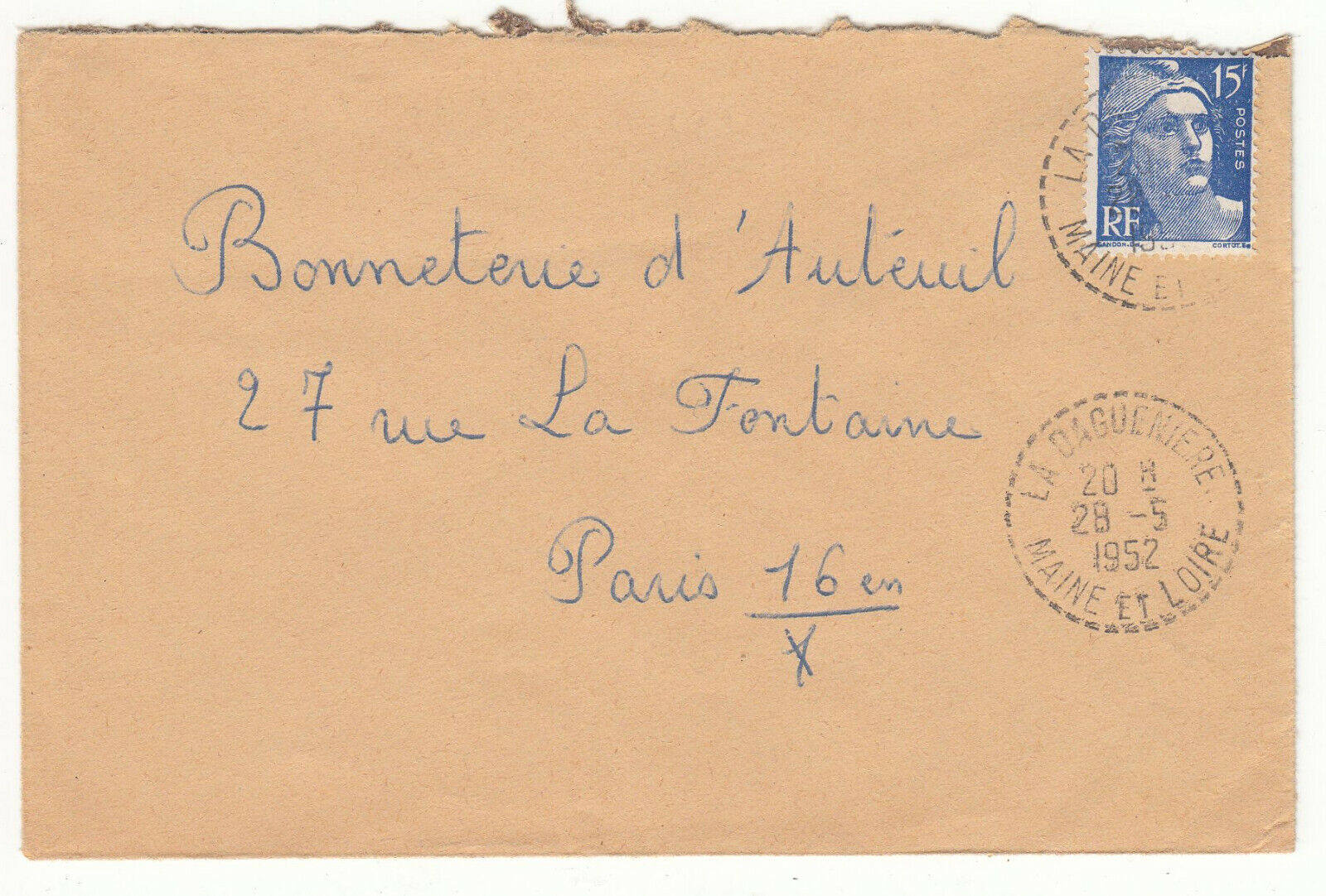 LETTRE LA DAGUENIERE POUR PARIS SEUL SUR LETTRE GANDON CACHET PERLE 1952 401826446937