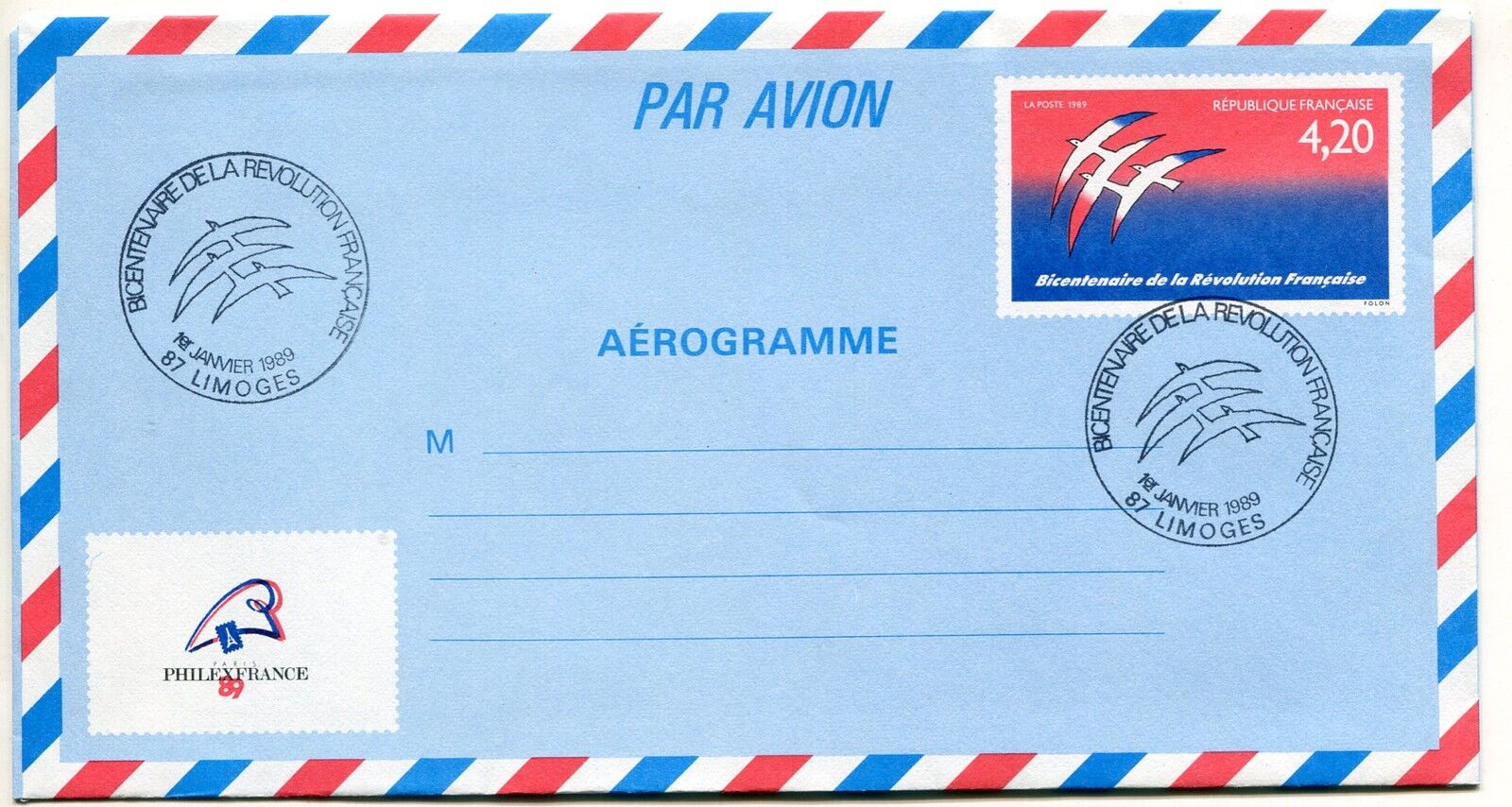 LETTRE LIMOGES AEROGRAMME PREMIER JOUR BICENTENAIRE REVOLUTION 400567041847