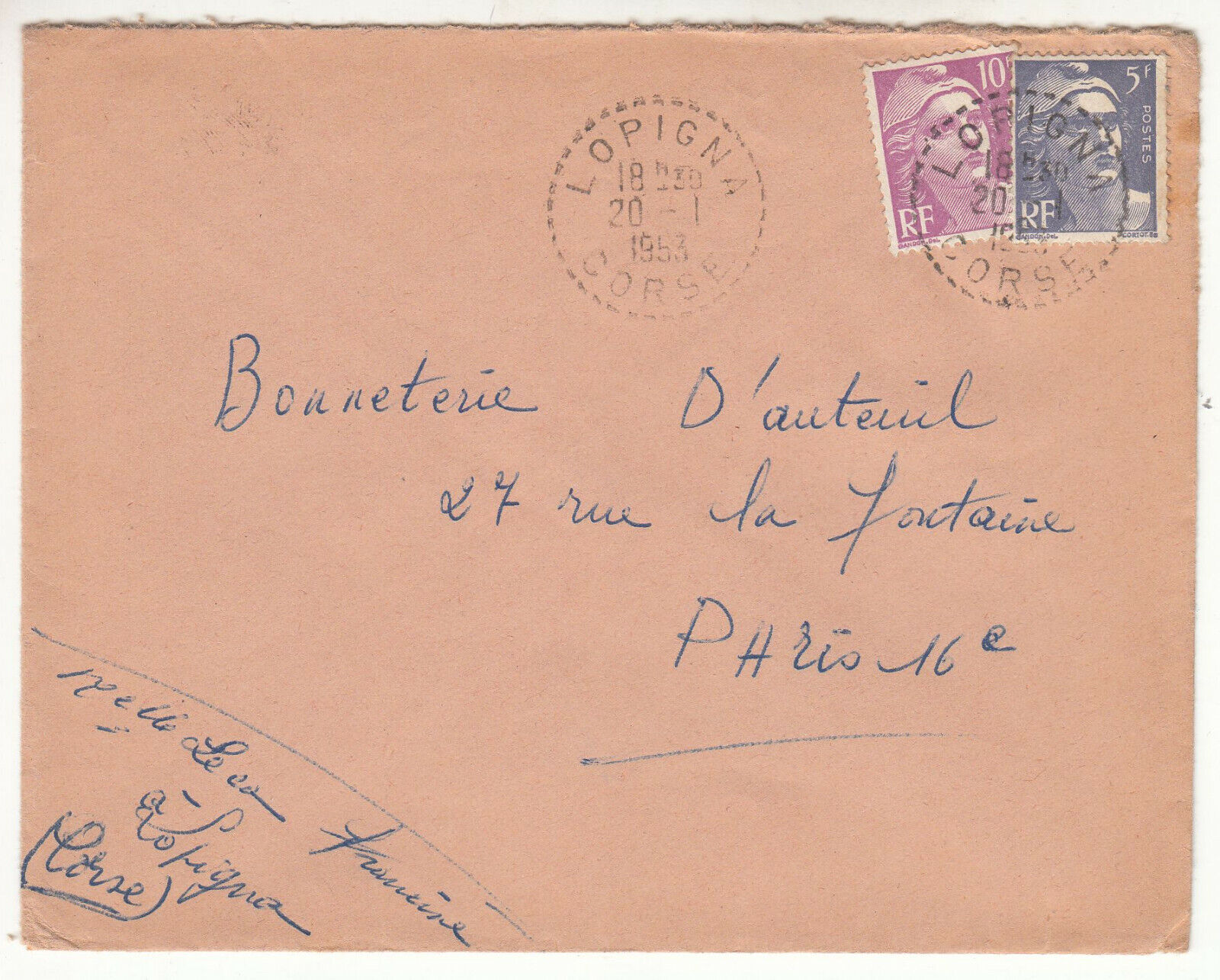 LETTRE LOPIGNA CORSE POUR PARIS 1953 GANDON CACHET PERLE 401826449177