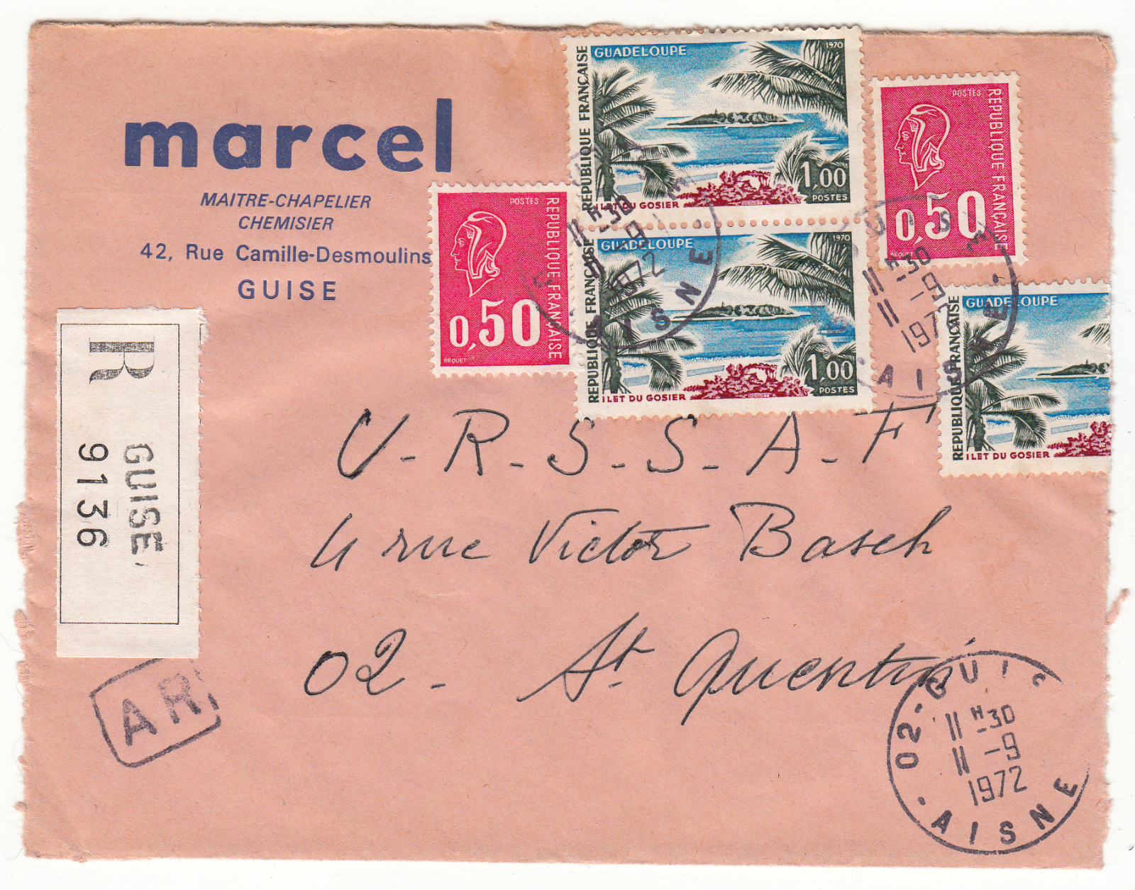 LETTRE MARCEL MAITRE CHAPELIER GUISE POUR ST QUENTIN 1972 RECOMANDE AR 124066218277