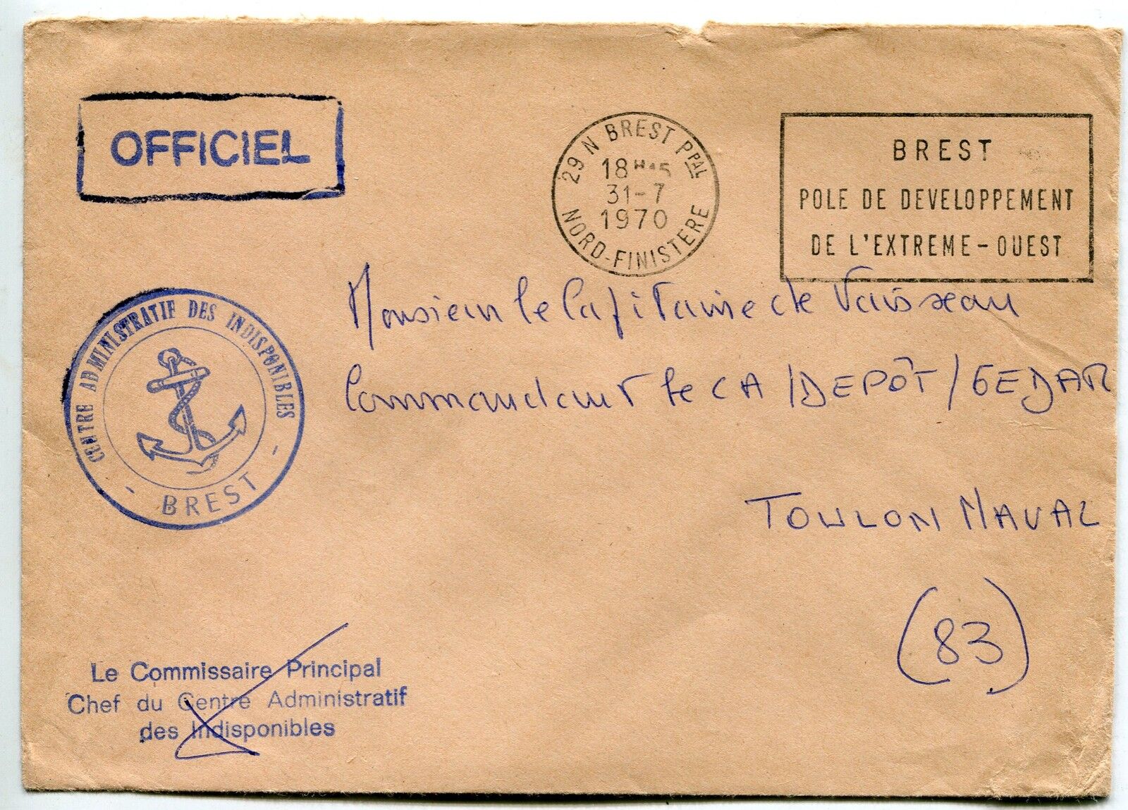 LETTRE MARINE MILITAIRE BREST POUR TOULON 1970 FLAMME 400443731387