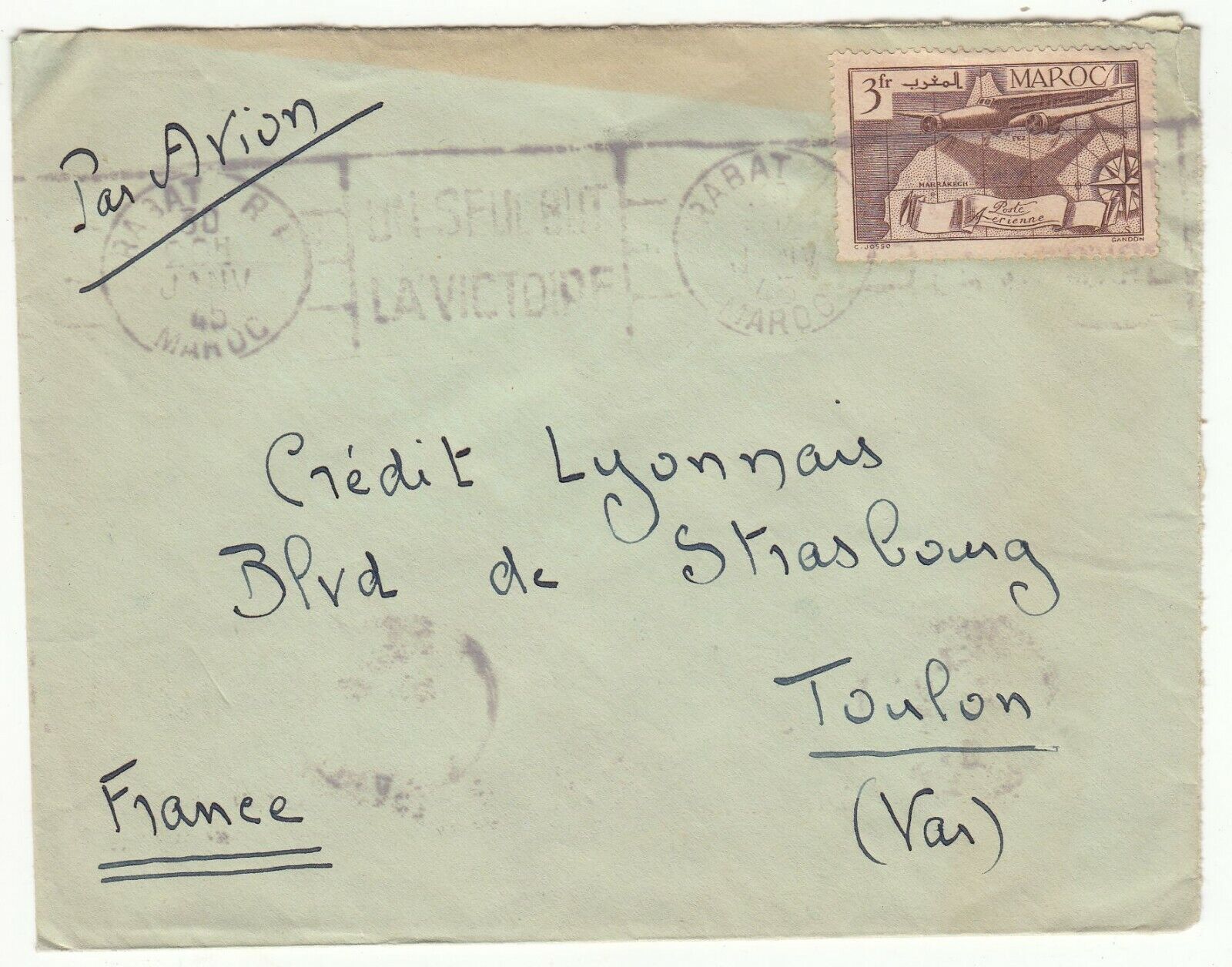 LETTRE MAROC RABAT TOULON CREDIT LYONNAIS 1945 PAR AVION FLAMME 401771441057