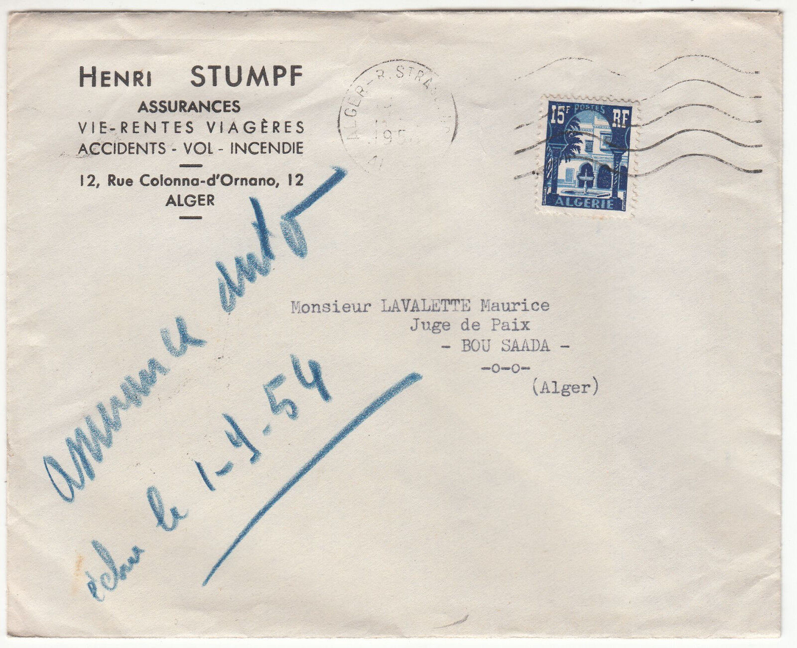 LETTRE PANHARD LA PRESERVATRICE ALGER BOU SAADA 1954 QUITTANCE TIMBRE FISCAL 401461443717