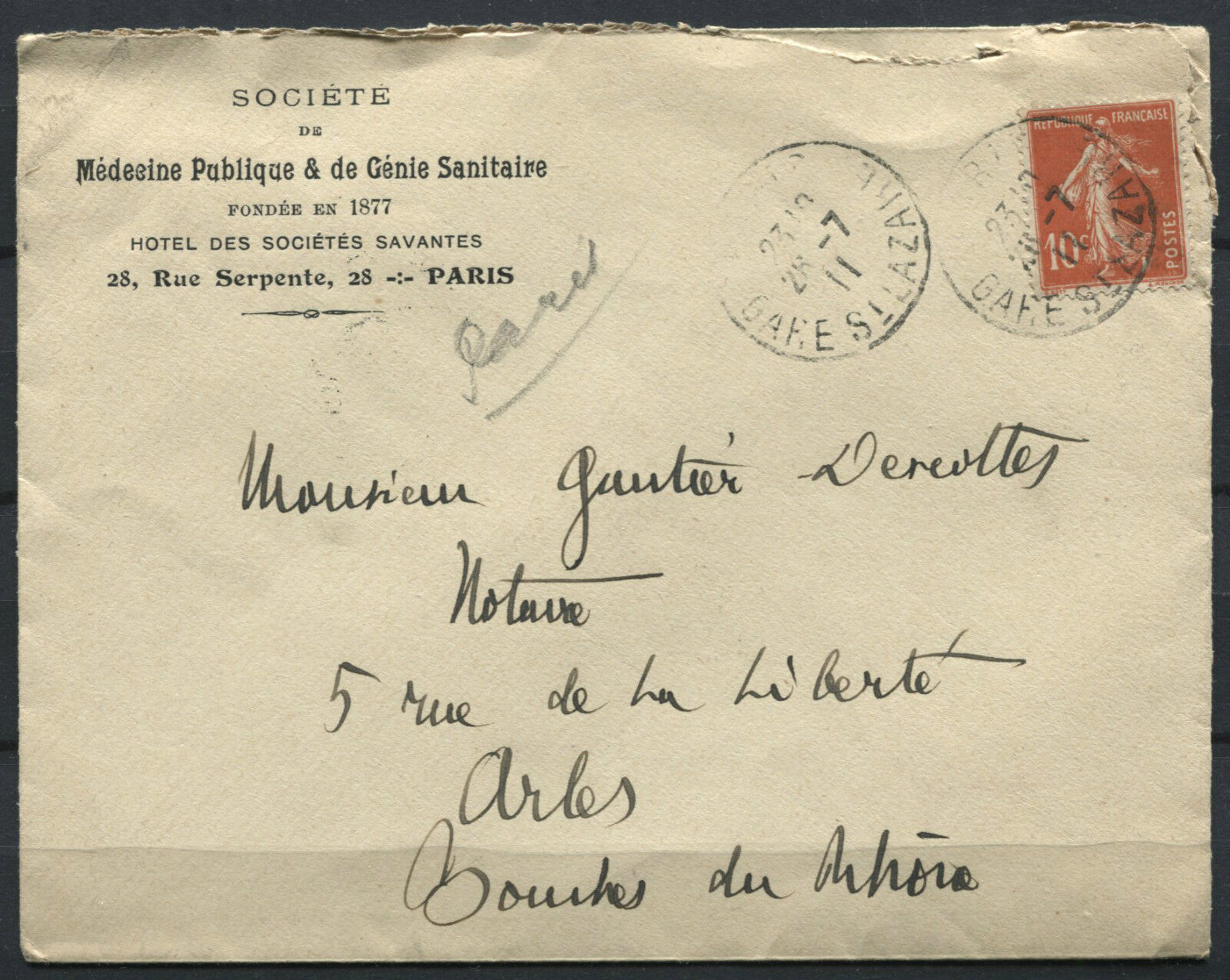 LETTRE PARIS GARE ST LAZARE POUR ARLES 1911 MEDECINE PUBLIQUE GENIE SANITAIRE 120853777757