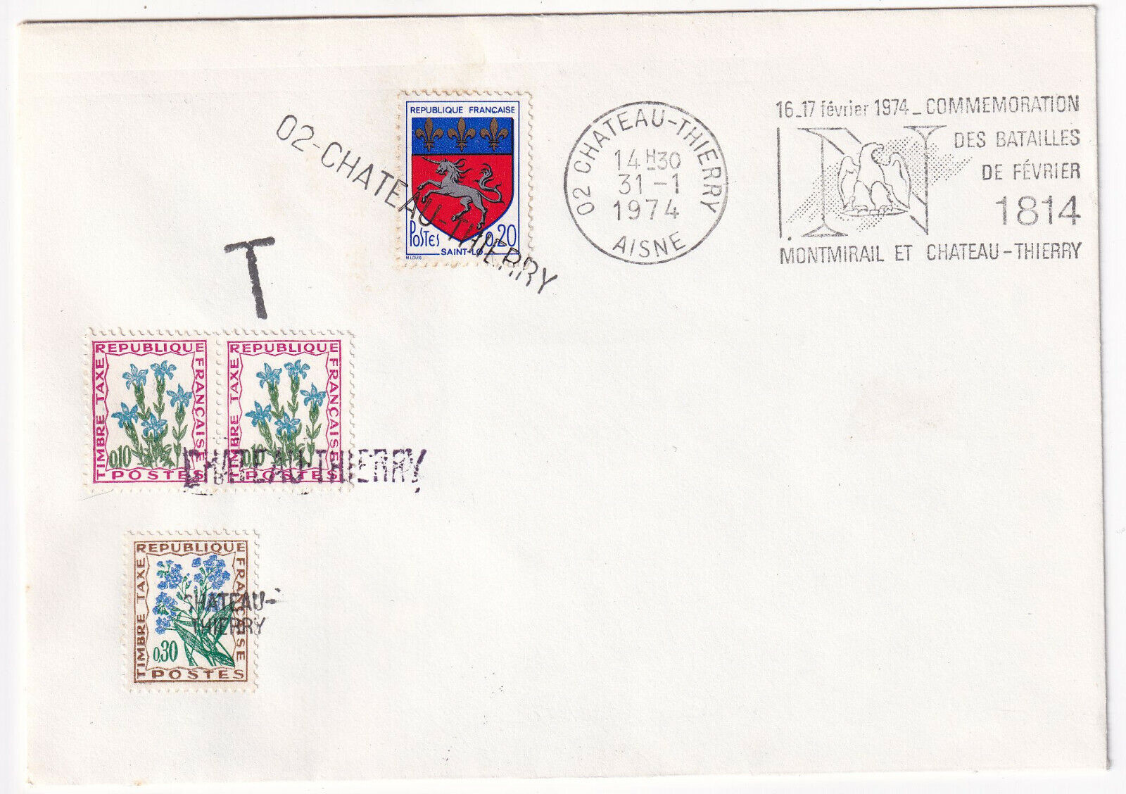 LETTRE PHILATELIQUE CHATEAU THIERRY 1974 TAXE FLAMME BATAILLE NAPOLEON 1814 124962952847