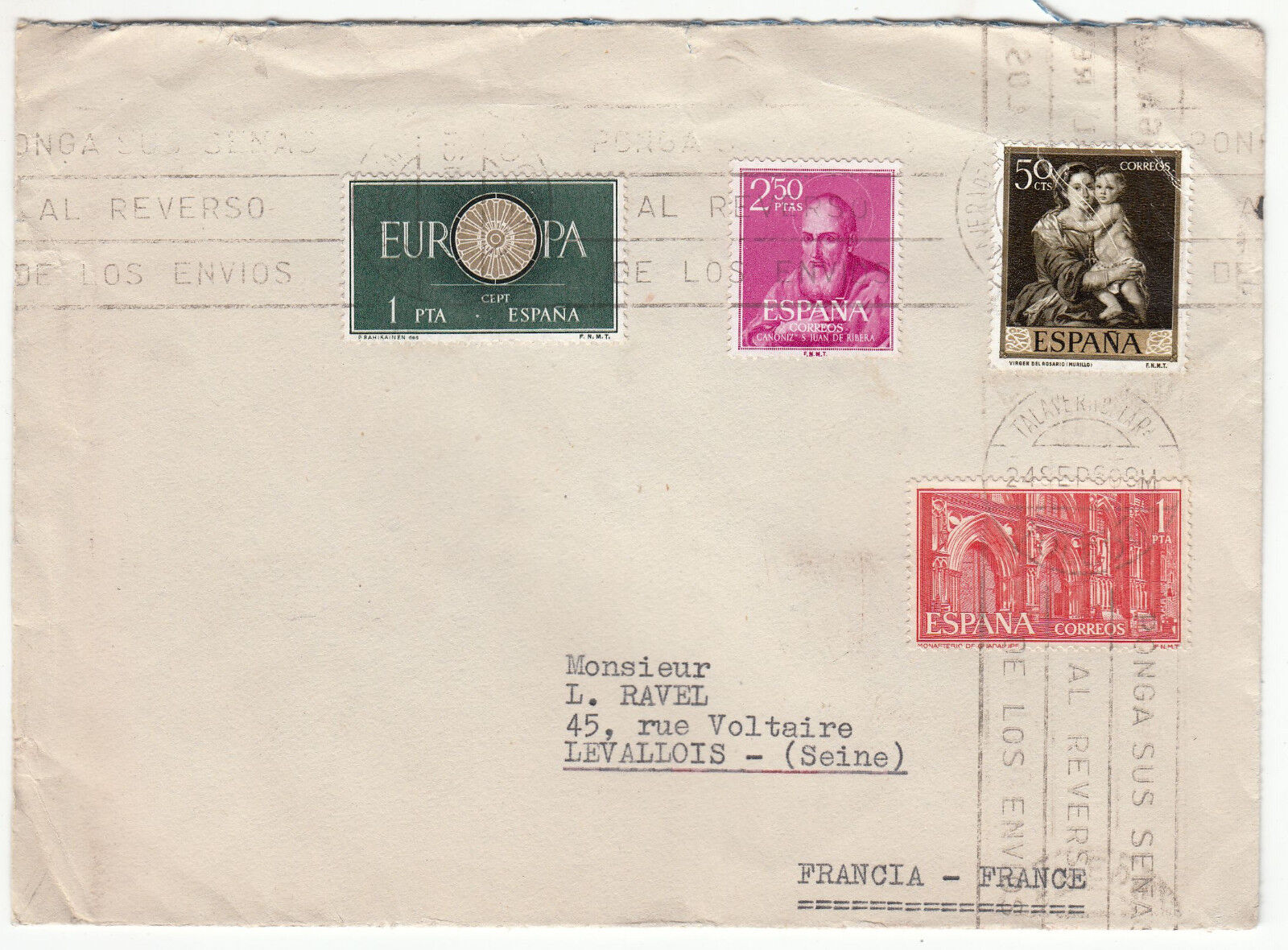 LETTRE PHILATELIQUE ESPAGNE TALAVERA DE LA REINA FRANCE LEVALLOIS 401260842697