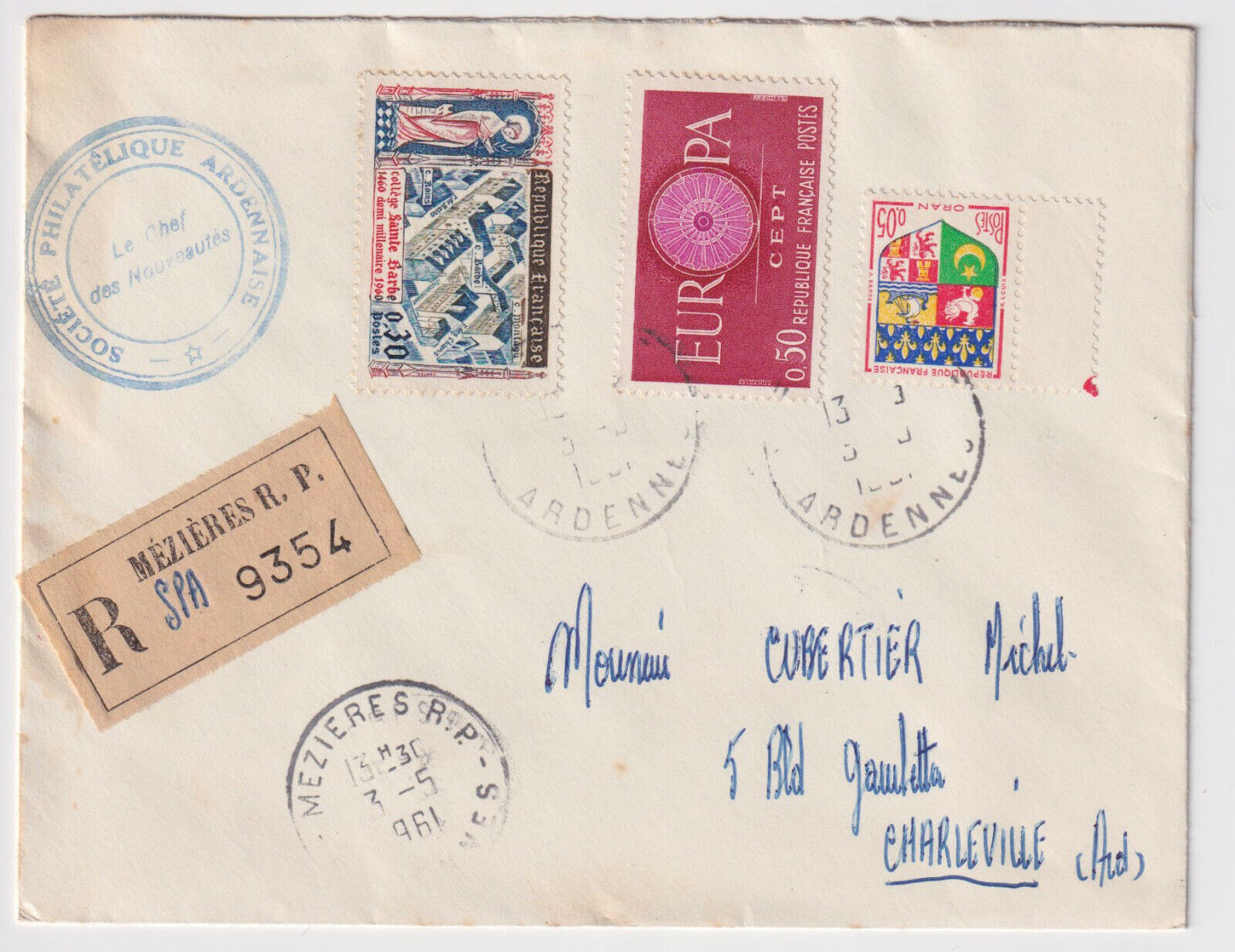 LETTRE PHILATHELIQUE RECOMMANDEE MEZIERES ARDENNES 1961 POUR CHARLEVILLE 124809468117