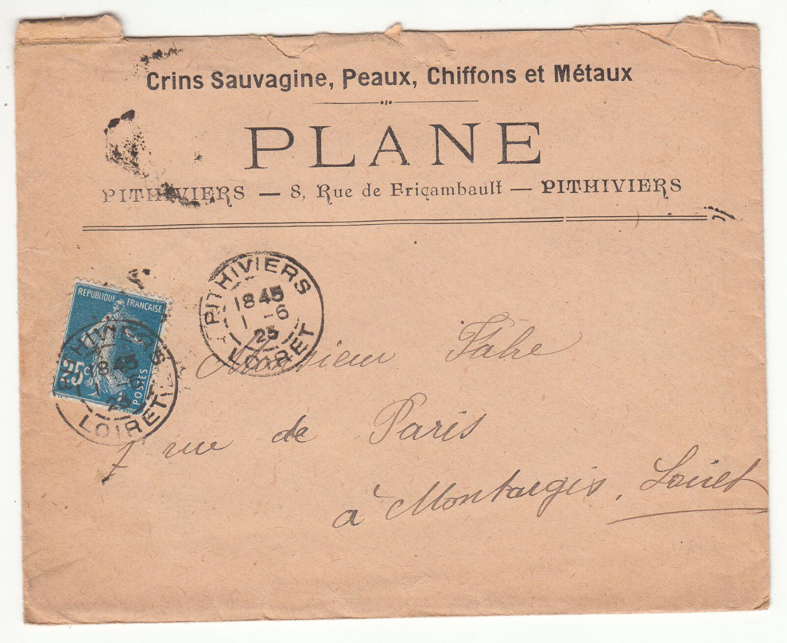 LETTRE PLANE PEAUX CHIFFONS PITHIVIERS MONTARGIS 1923 CORRESPONDANCE 401462842457