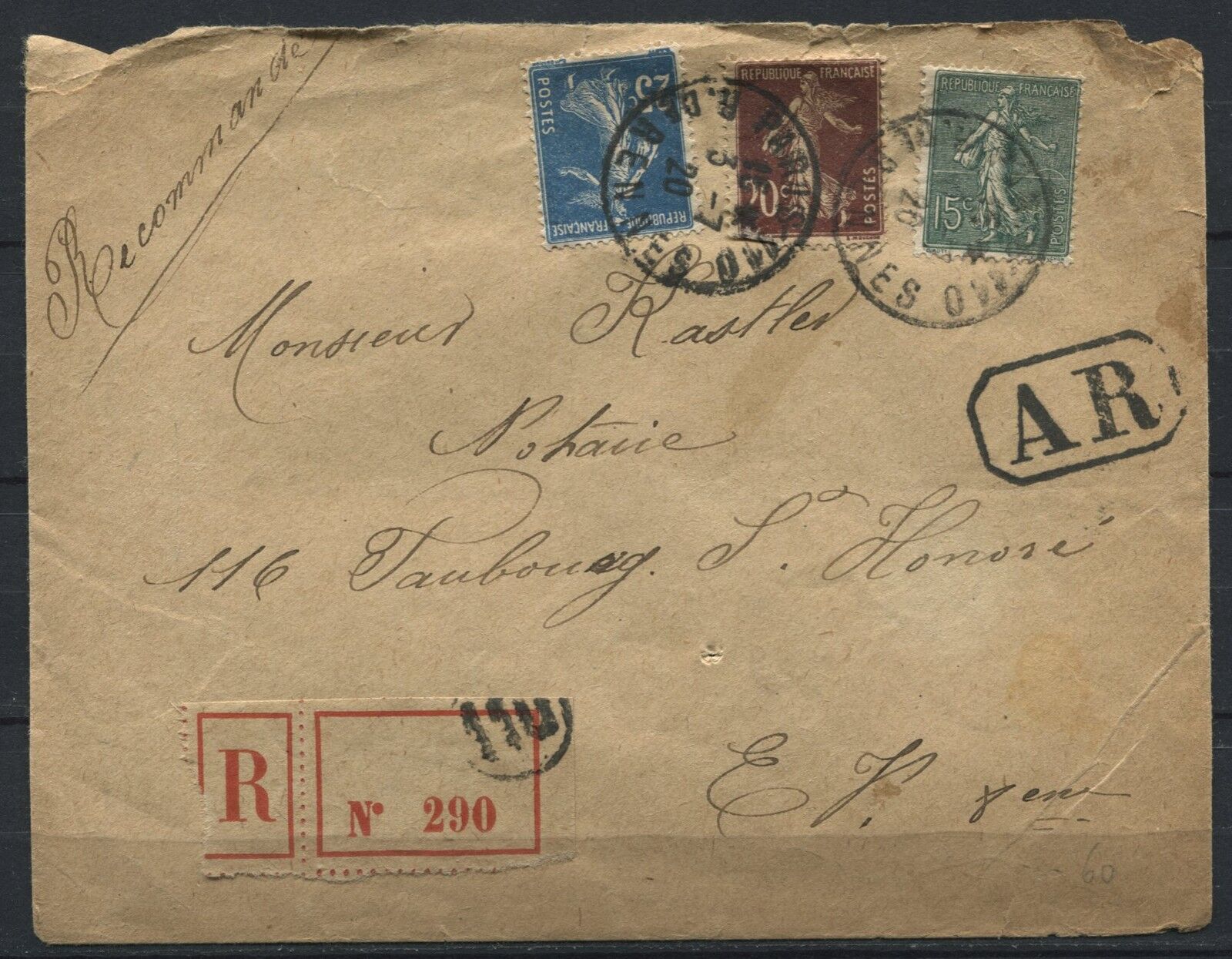 LETTRE POSTALE PARIS POUR FAUBOURS ST HONORE RECOMMANDER AR 1920 A ETUDIER 120890223417