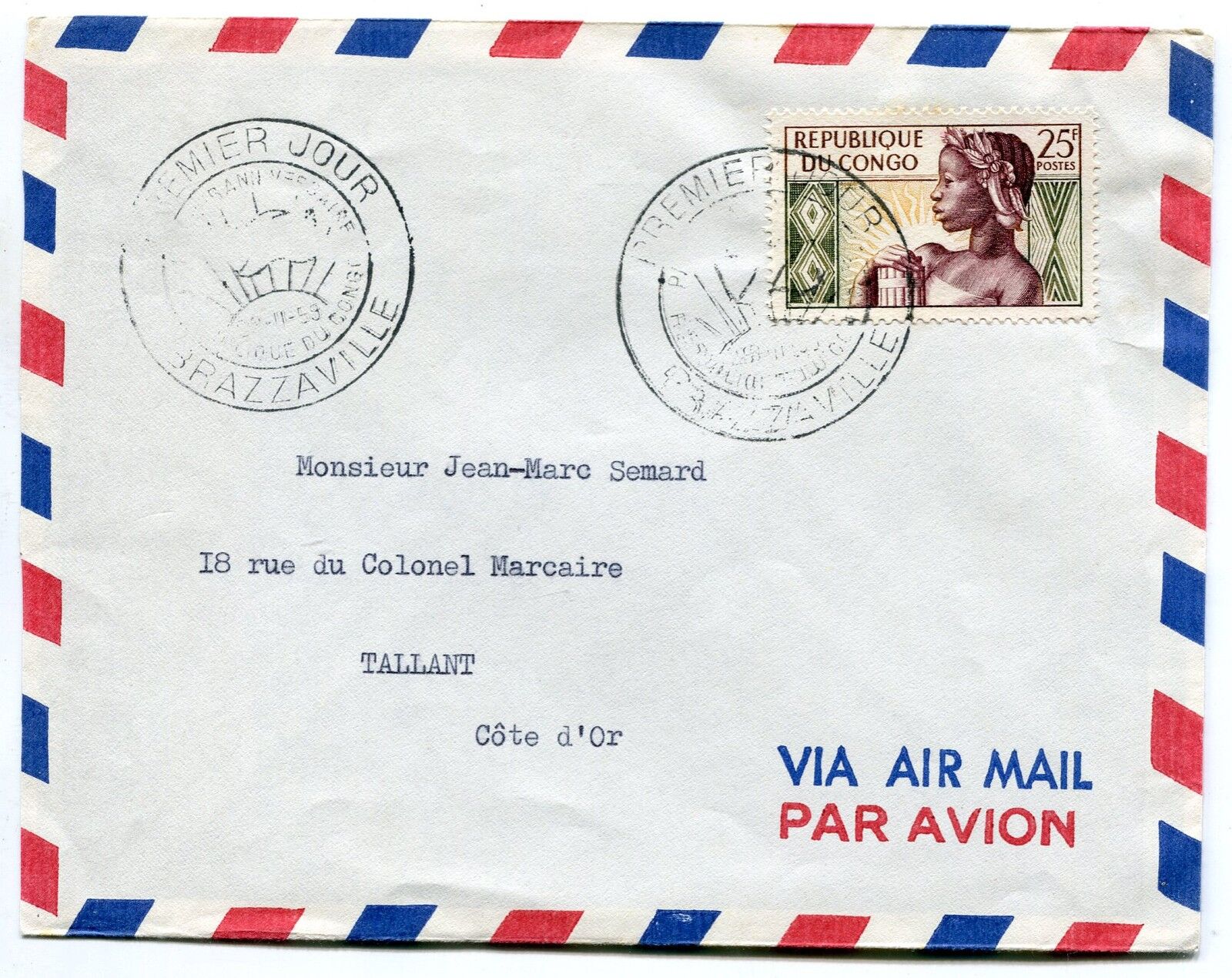 LETTRE PREMIER JOUR CONGO 1959 BRAZZAVILLE POUR TALLANT PAR AVION AIR MAIL 400731684457