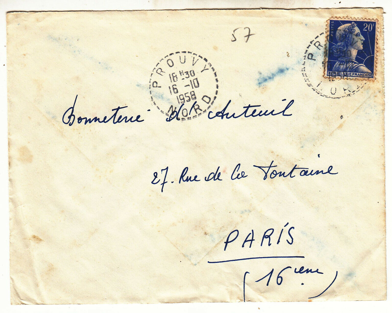 LETTRE PROUVY NORD POUR PARIS 1958 CACHET PERLE 123903727857