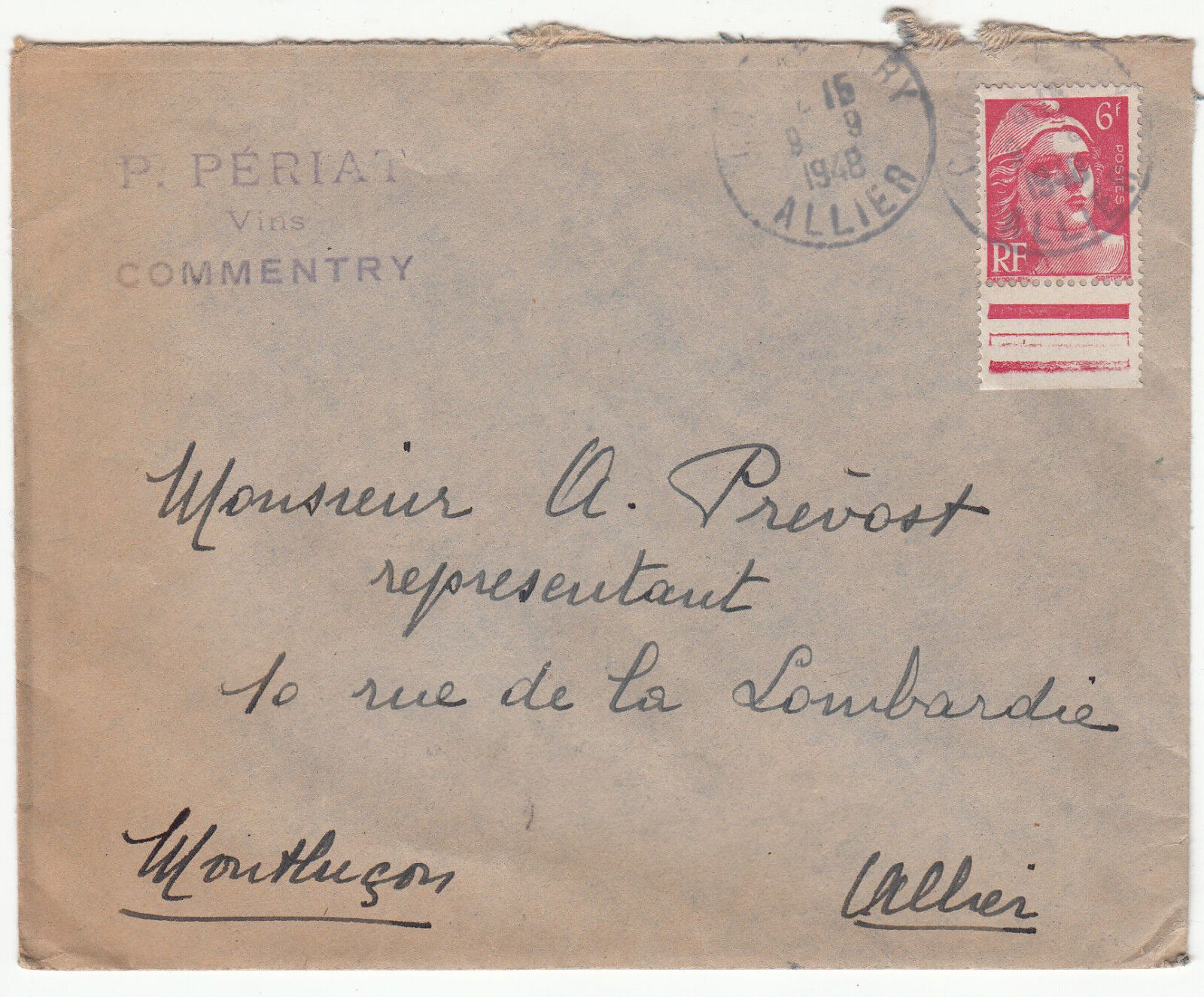 LETTRE PUBLICITAIRE COMMENTRY POUR MONTLUCON P PERIAT VINS 1948 401462370607