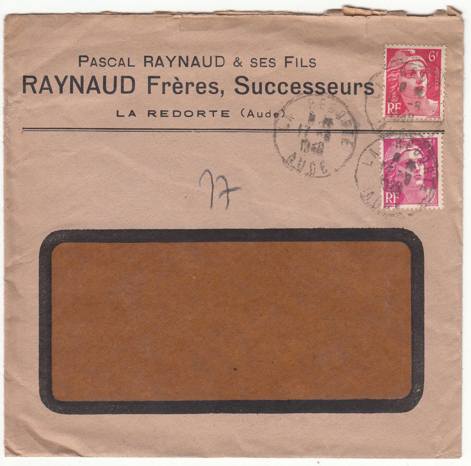 LETTRE PUBLICITAIRE RAYNAUD FRERES LA RECORTE 1948 SEMEUSE 122869642677