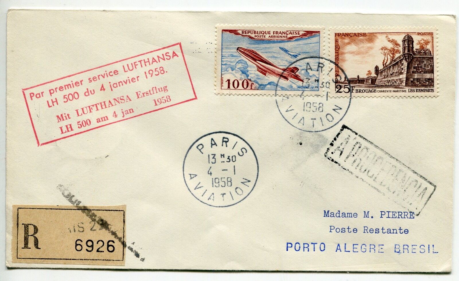 LETTRE RECOMMANDE PREMIER VOL PARIS PORTO ALEGRE BRESIL 1958 LUFTHANSA 400787479937