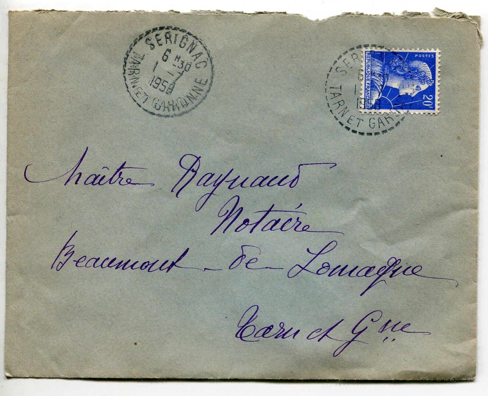 LETTRE SERIGNAC POUR BEAUMONT DE LOMAGNE 1958 CACHET PERLE 121295964147