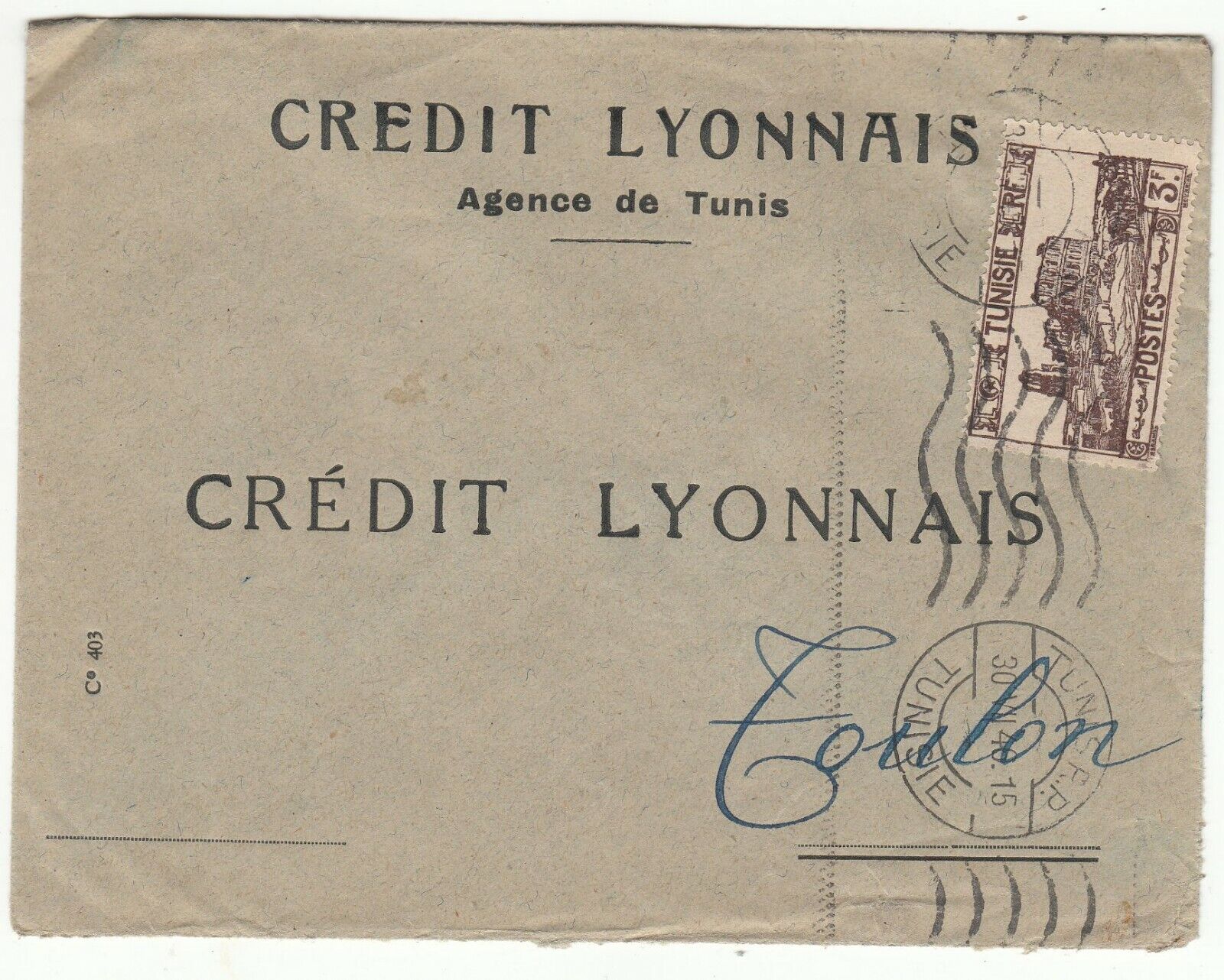 LETTRE TUNISIE AGENCE DE TUNIS TOULON CREDIT LYONNAIS 1940 401755305817