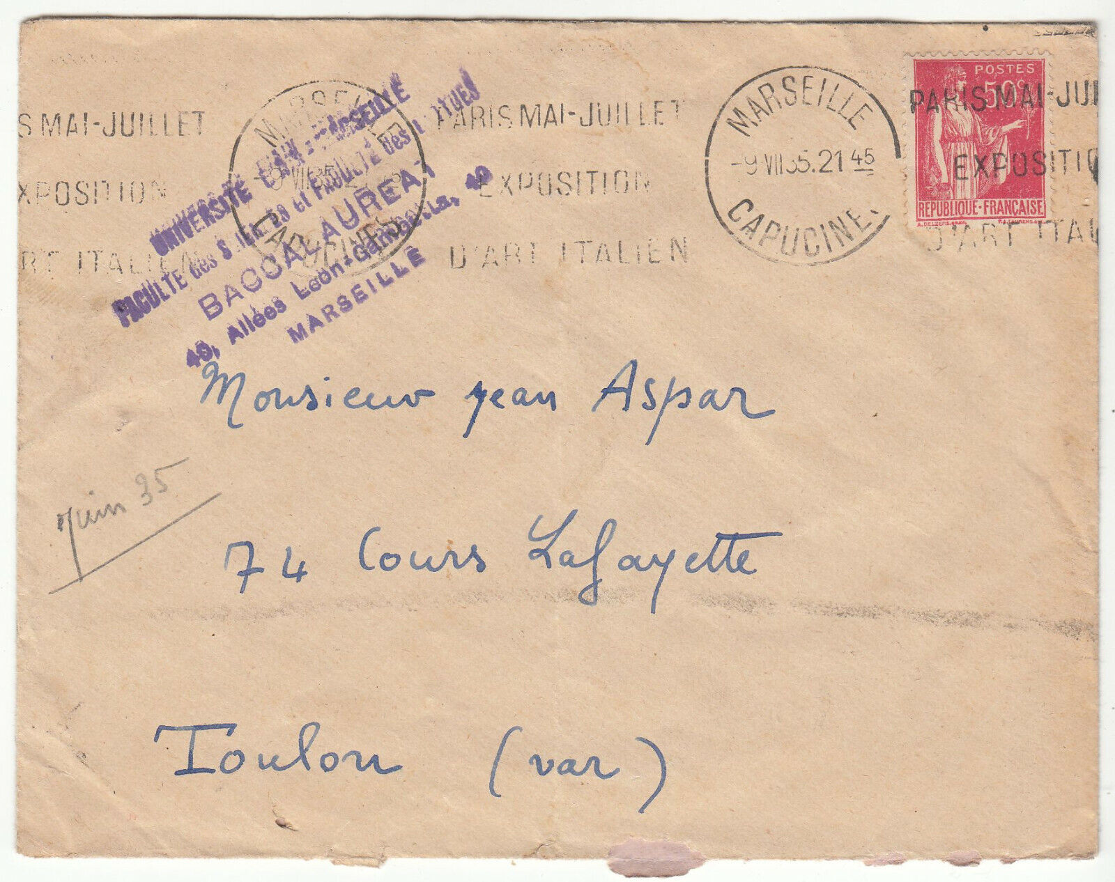 LETTRE UNIVERSITE DE MARSEILLE POUR TOULON 1935 FLAMME CACHET 402068671607