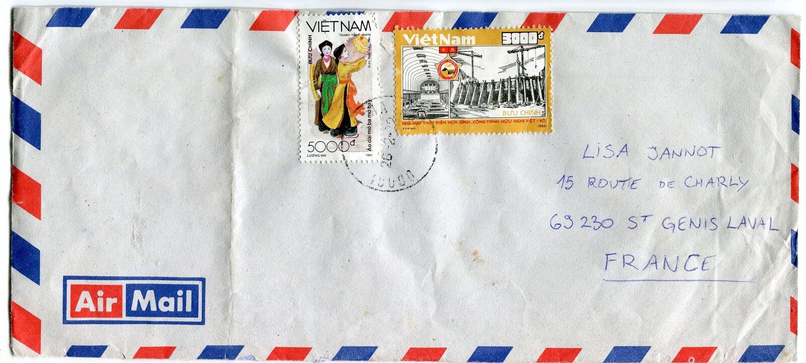 LETTRE VIET NAM POUR ST GENIS LAVAL FRANCE PAR AVION CACHET TIMBRE 121295964187