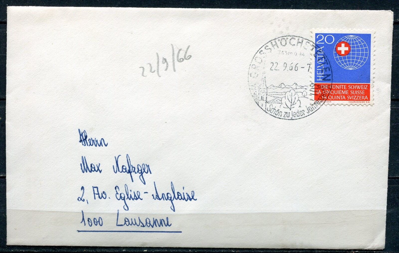 LETTRE grosshochstetten POUR LAUSANNE SUISSE 1966 FLAMME 400328780397