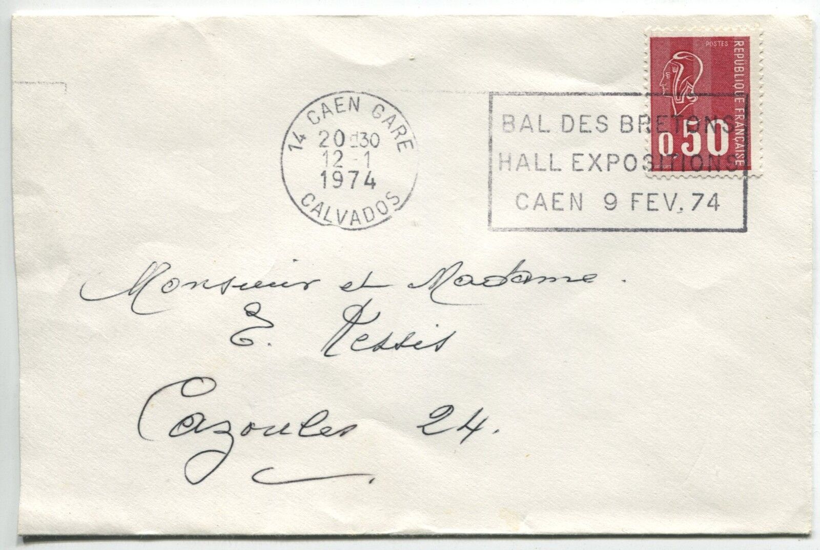 LETTRES CAEN GARE POUR CAZOULES 1974 FLAMME 110865976577