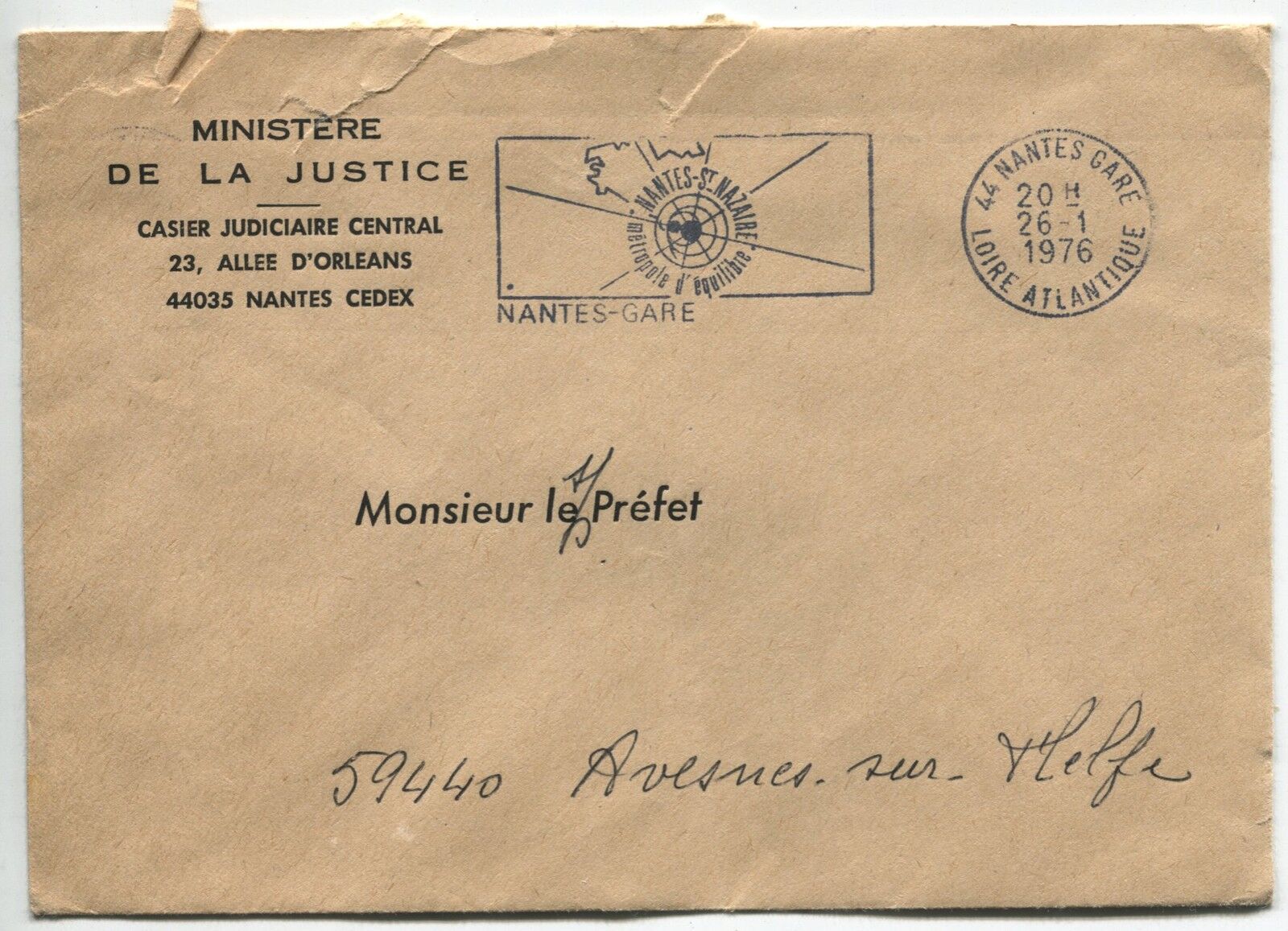 LETTRES MINISTERE JUSTICE ORLEANS NANTES POUR AVESNES SUR HELPES 1974 FLAMME 120899865377