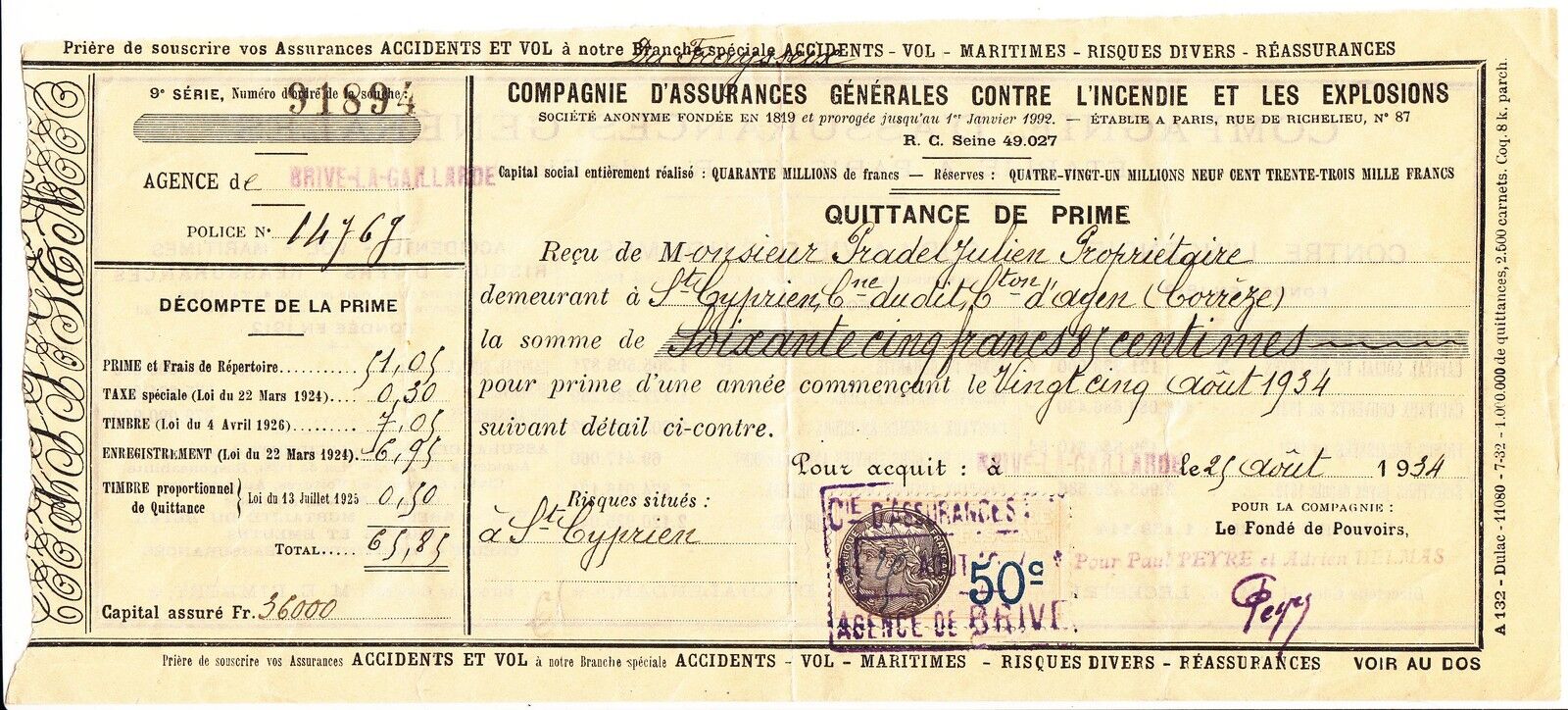 ORDRE DE PAIEMENT COMPAGNIES ASSURANCES GENERALES 1934 BRIVES TIMBRES FISCAUX 121995887527