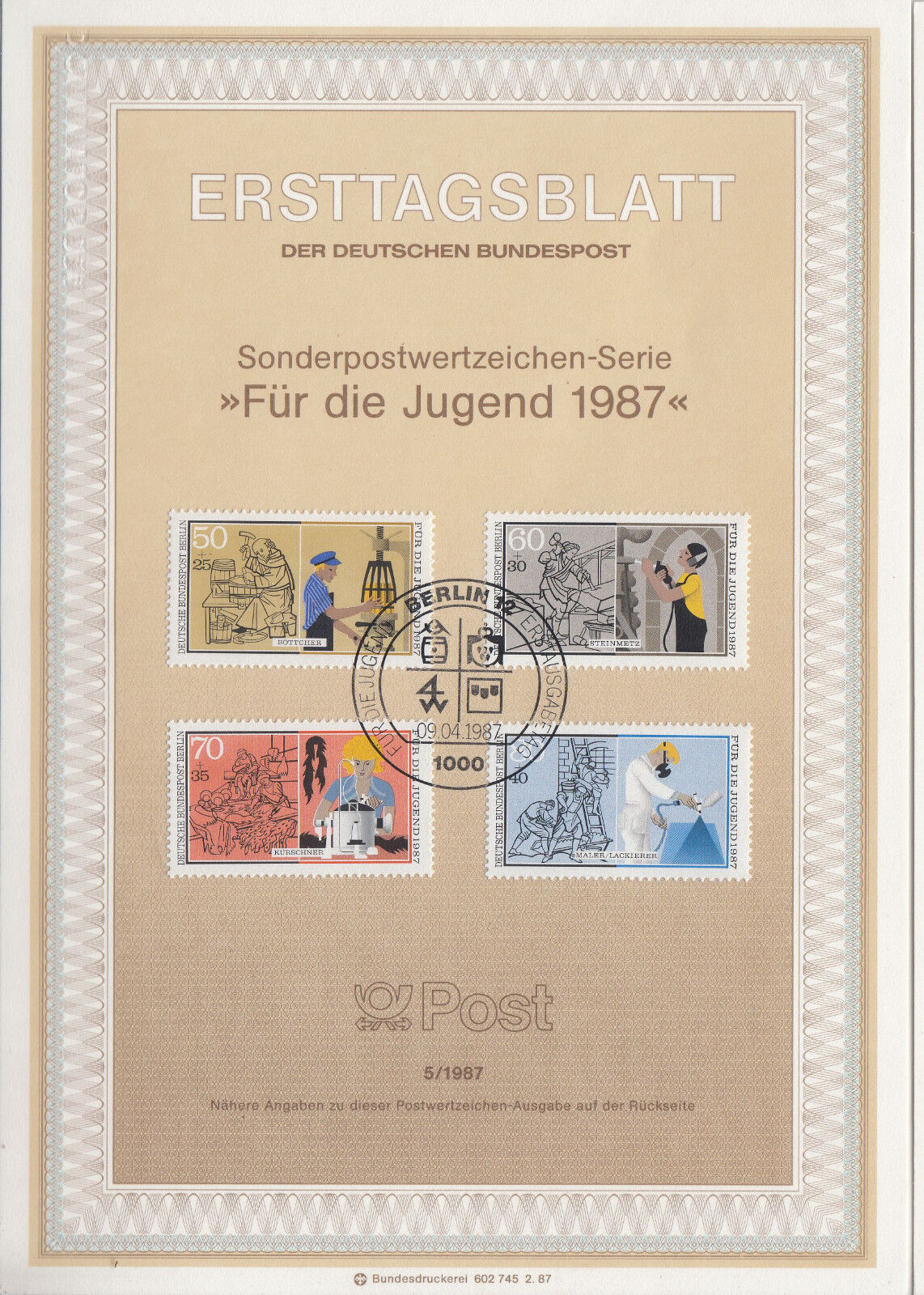 TIMBRE FDC ALLEMAGNE BERLIN OBL ERSTTAGSBLATT ARTISANAT D HIER 1987 401234157987