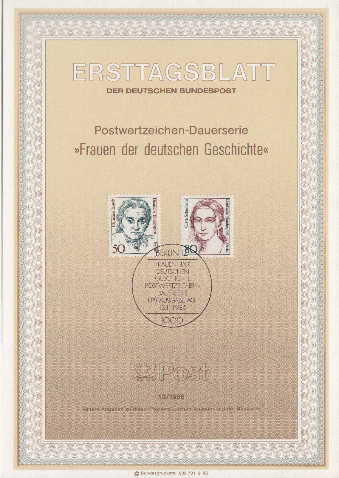 TIMBRE FDC ALLEMAGNE BERLIN OBL ERSTTAGSBLATT CHRISTINE TEUSCH CLARA SCHUMAN1986 401234515057