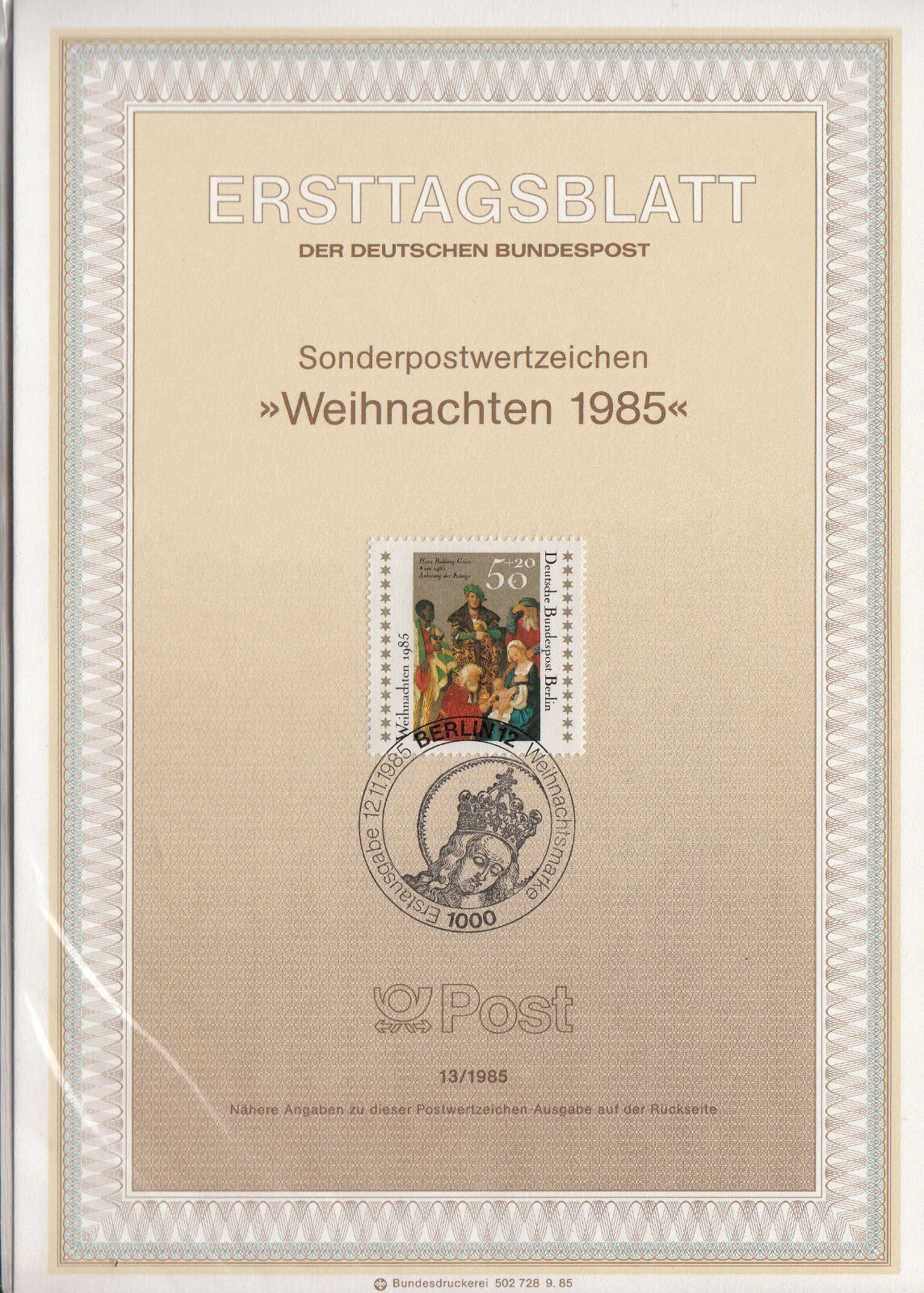 TIMBRE FDC ALLEMAGNE BERLIN OBL ERSTTAGSBLATT L ADORATION DES MAGES 1985 122247060217